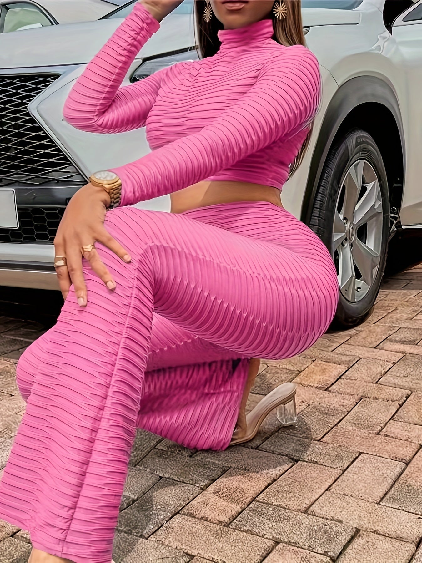 vlovelaw Casual Solid Two-piece Set, Mock Neck Crop Top & Long Pants Outfits, Women's Clothing