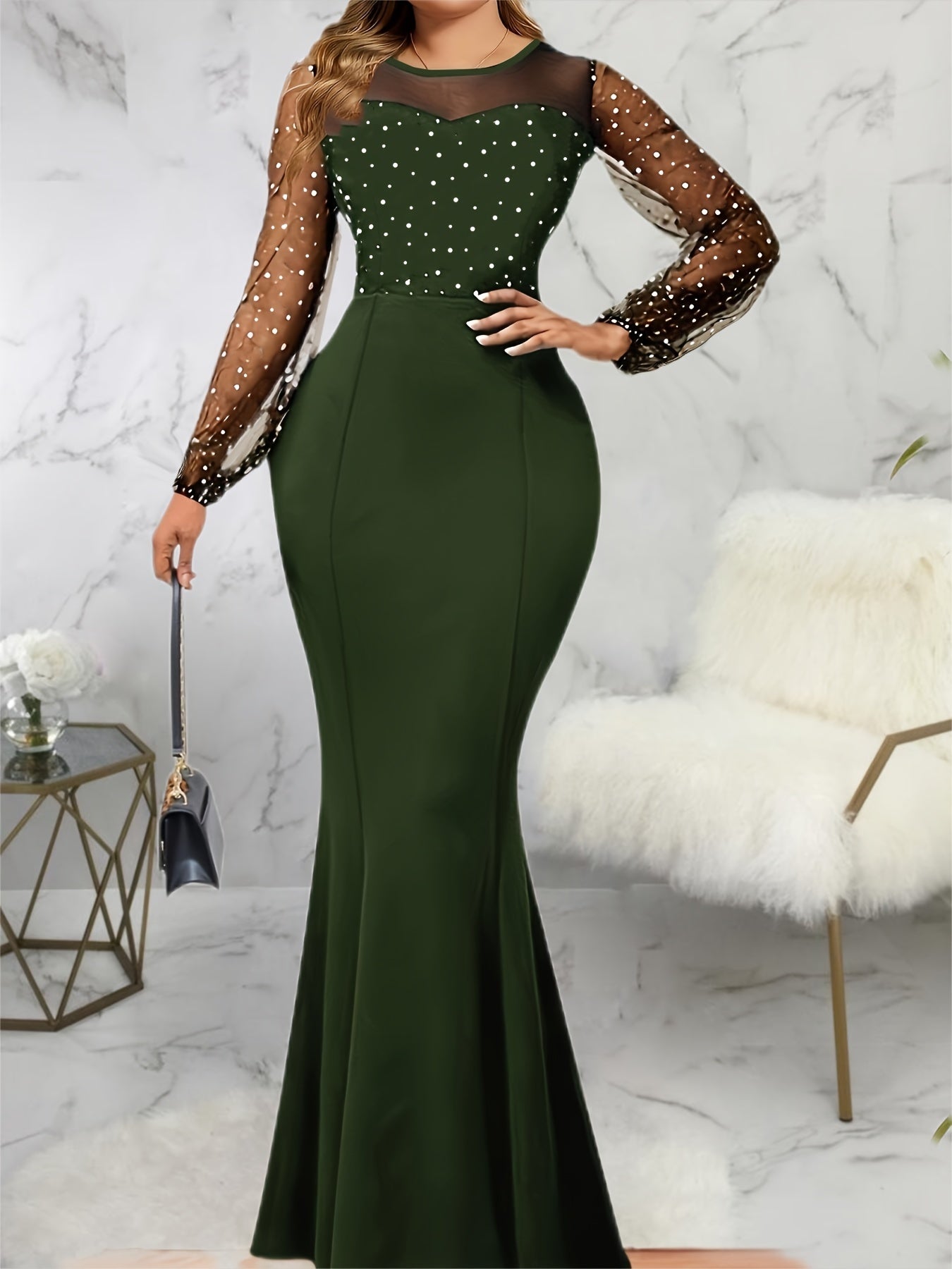 Solid Sheer Sleeve Dress, Elegant Crew Neck Mermaid Bodycon Maxi Party Dress, Women's Clothing