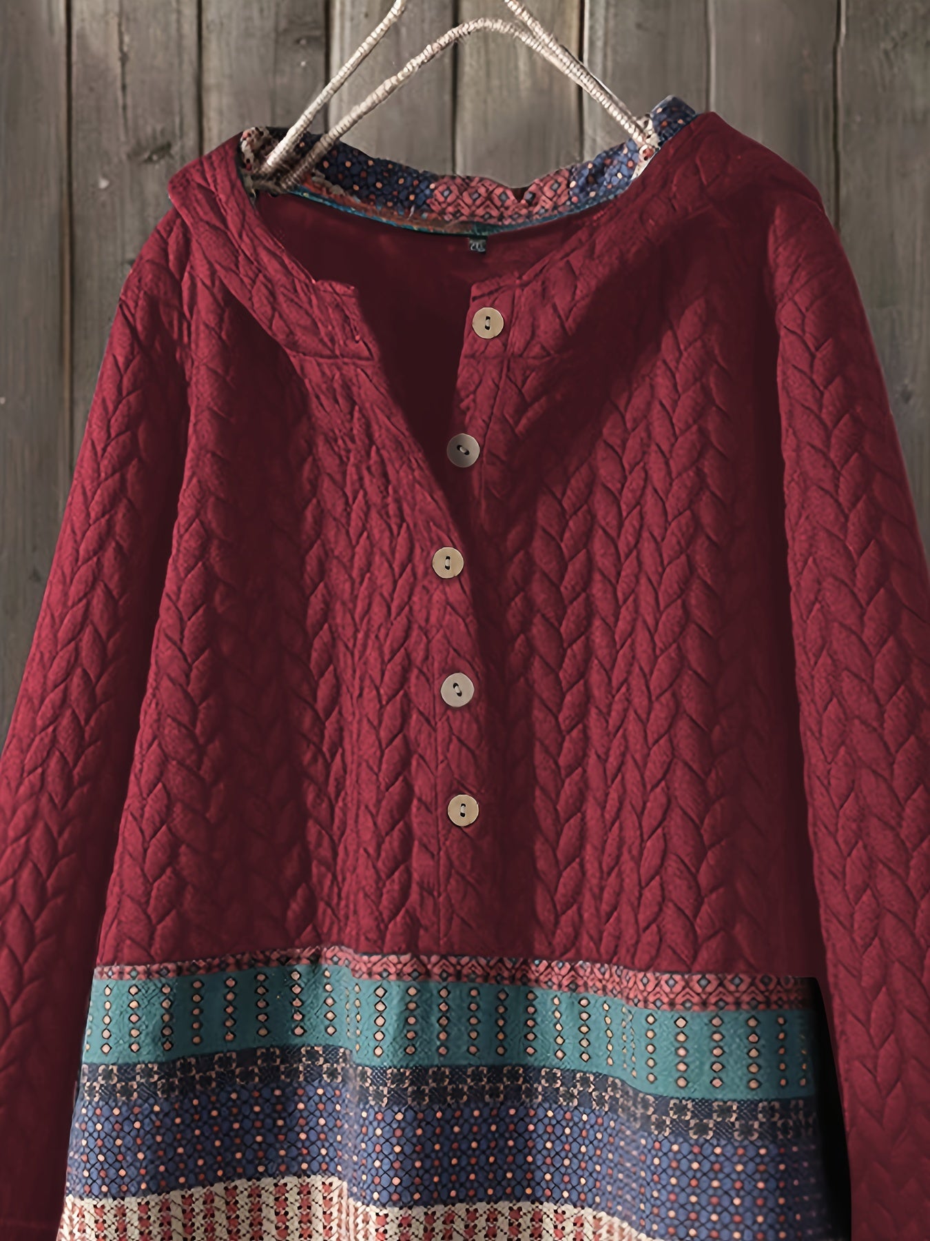 vlovelaw Tribal Print Long Sleeve Hooded Padded Jacket, Casual Button Front Loose Hem Outerwear, Women's Clothing