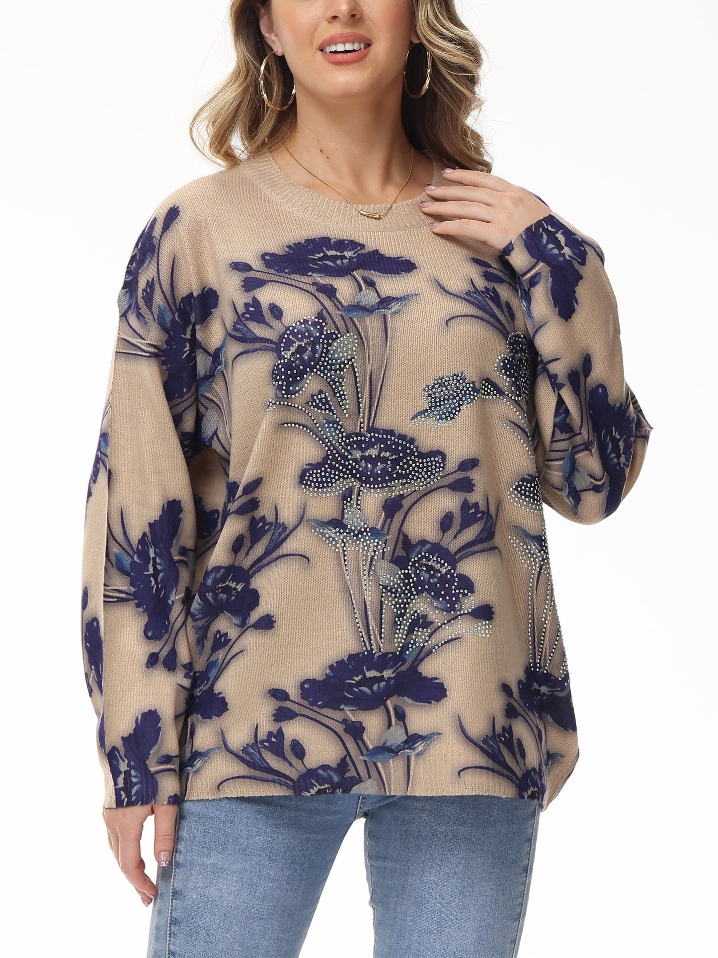 vlovelaw Floral Pattern Beaded Sweater, Casual Vintage Crew Neck Long Sleeve Pullover Sweater For Fall & Winter, Women's Clothing