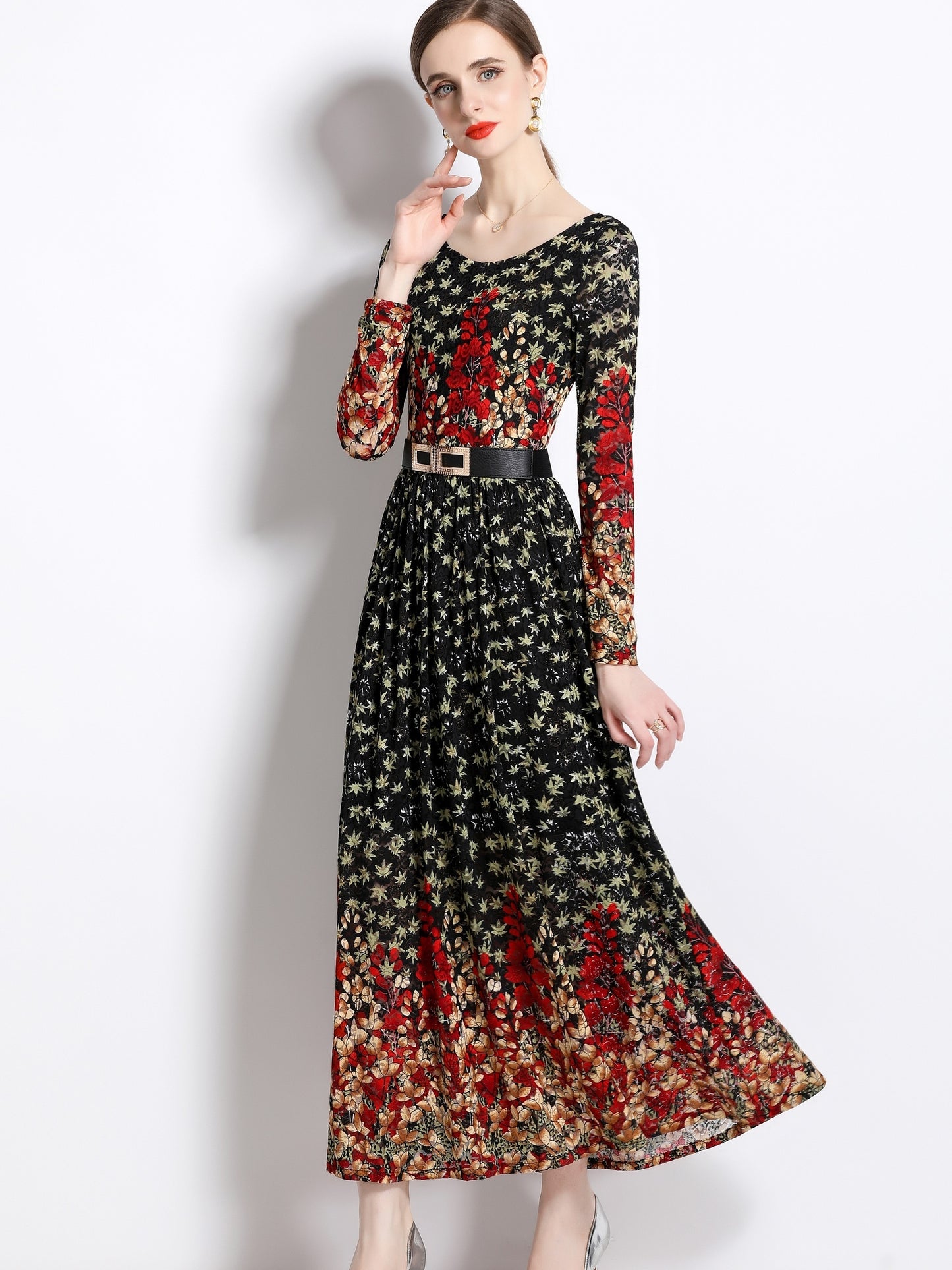 All Over Print Crew Neck Dress, Elegant Long Sleeve Dress For Spring & Fall, Women's Clothing