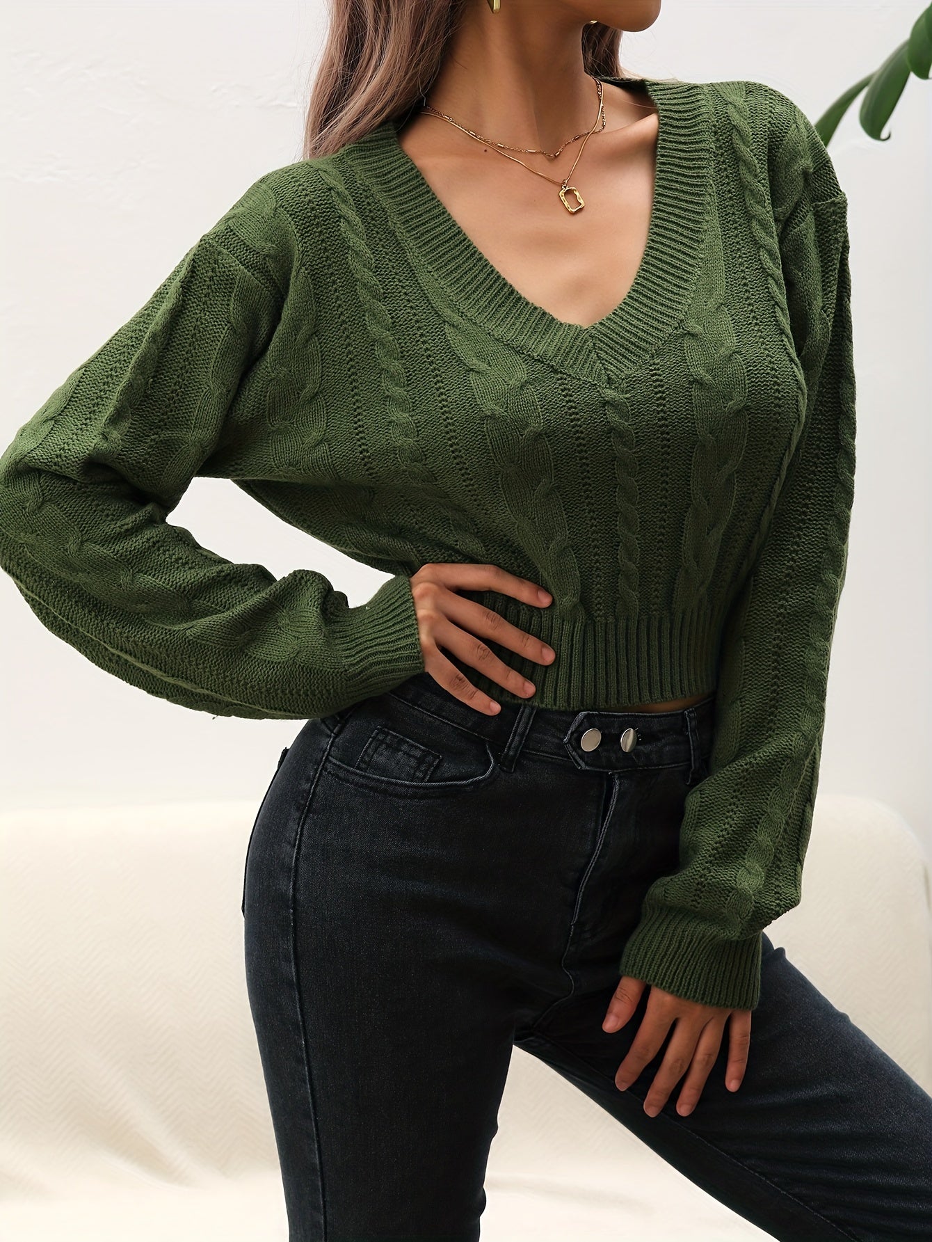 vlovelaw Solid Cable V Neck Sweater, Casual Long Sleeve Drop Shoulder Sweater, Women's Clothing