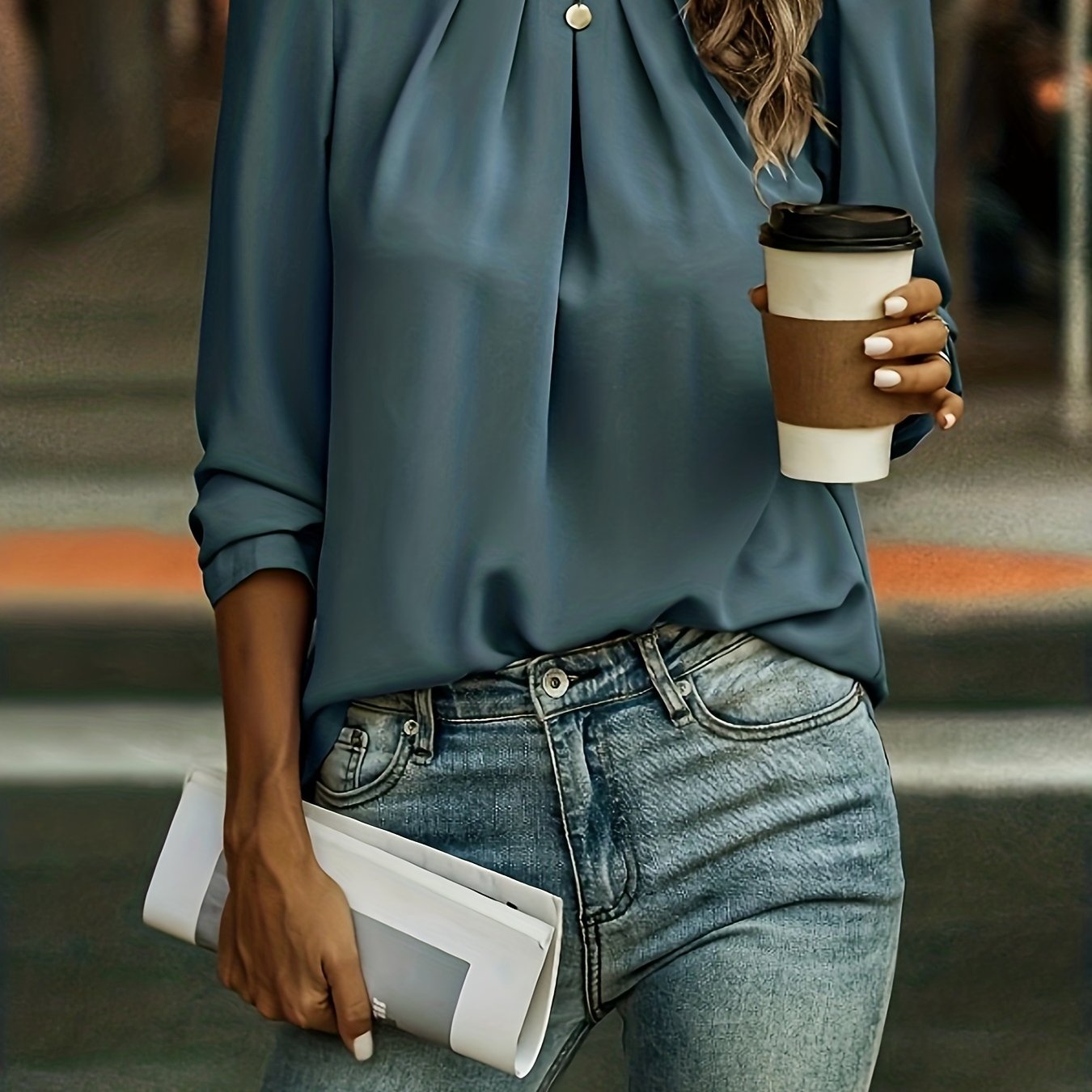 vlovelaw Ruched Solid Blouse, Casual Crew Neck Keyhole Long Sleeve Blouse, Women's Clothing