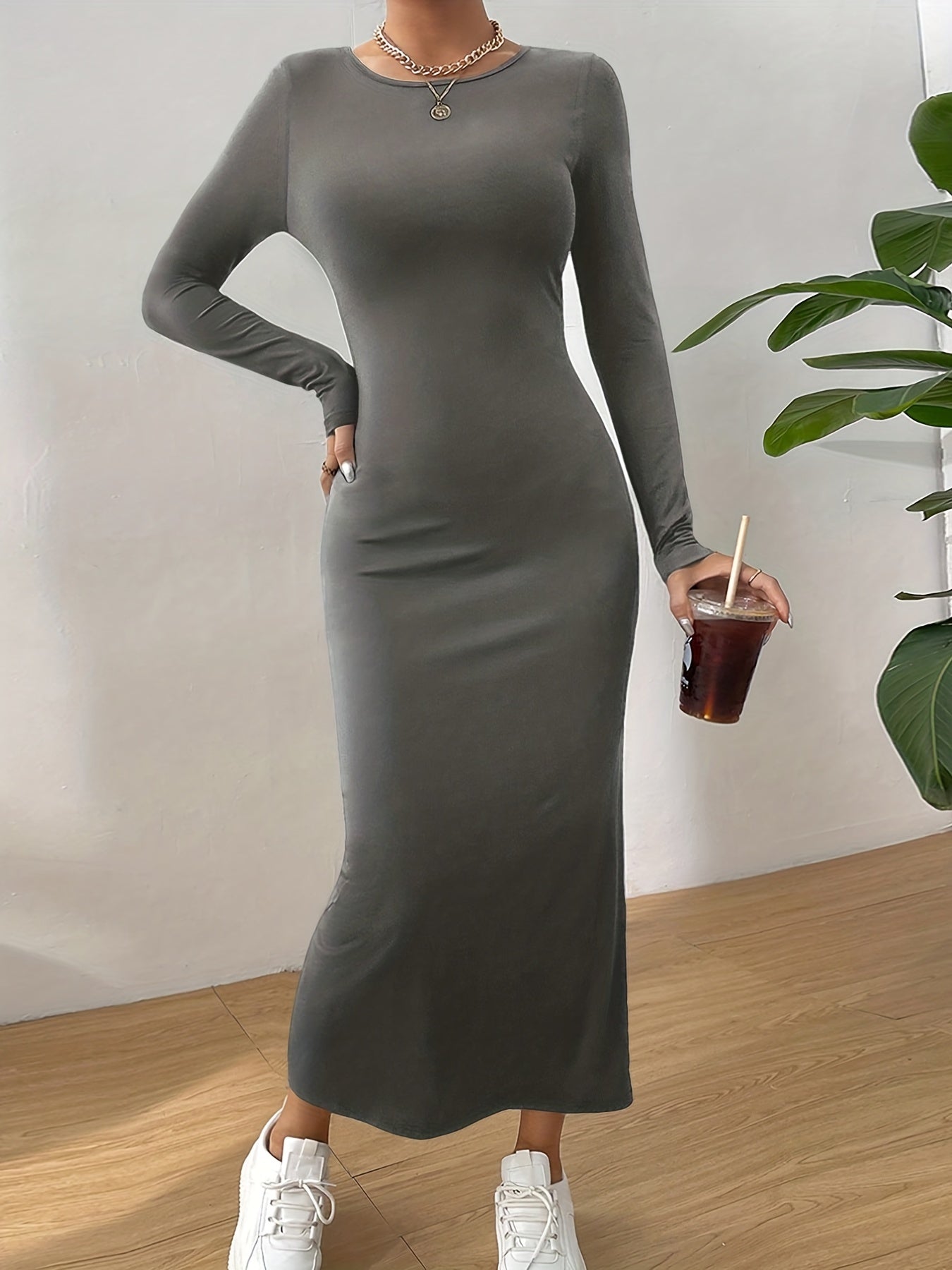 Solid Crew Neck Slim Dress, Elegant Long Sleeve Midi Dress, Women's Clothing