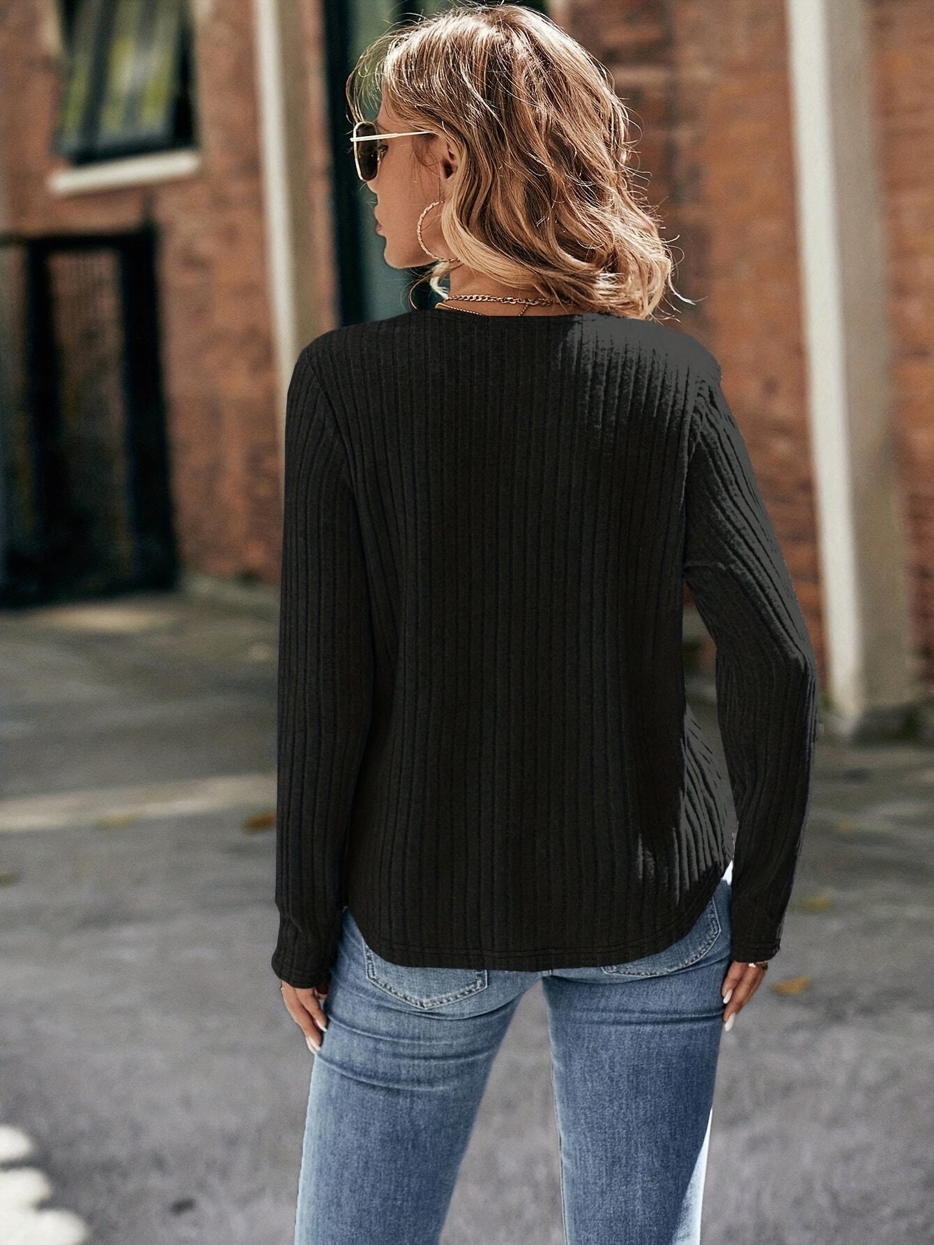 vlovelaw Lace Panel Ribbed Knit T-Shirt, Casual Long Sleeve Crew Neck T-Shirt For Spring & Fall, Women's Clothing