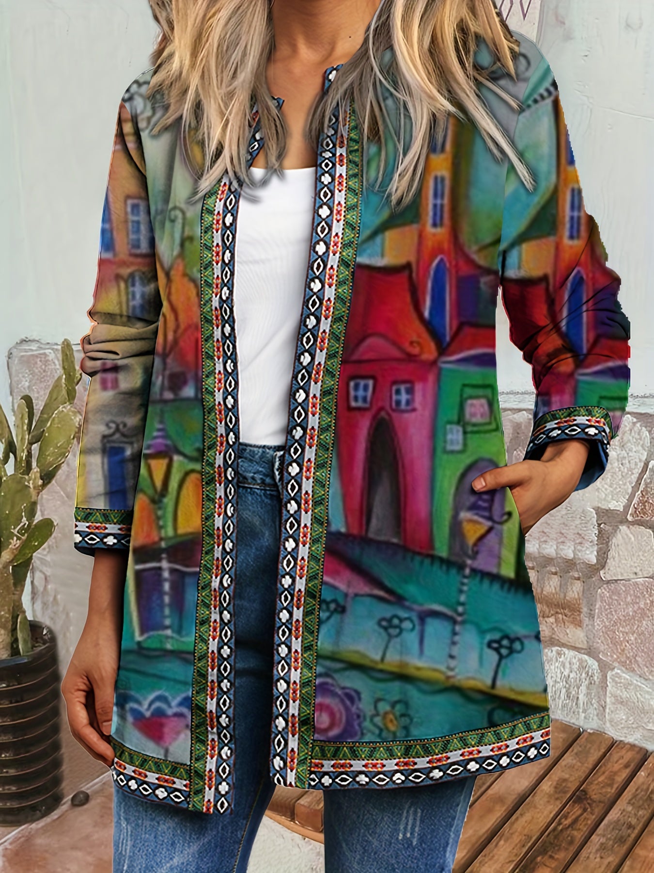 Ethnic Print Open Front Jacket, Vintage Long Sleeve Crew Neck Outerwear, Women's Clothing
