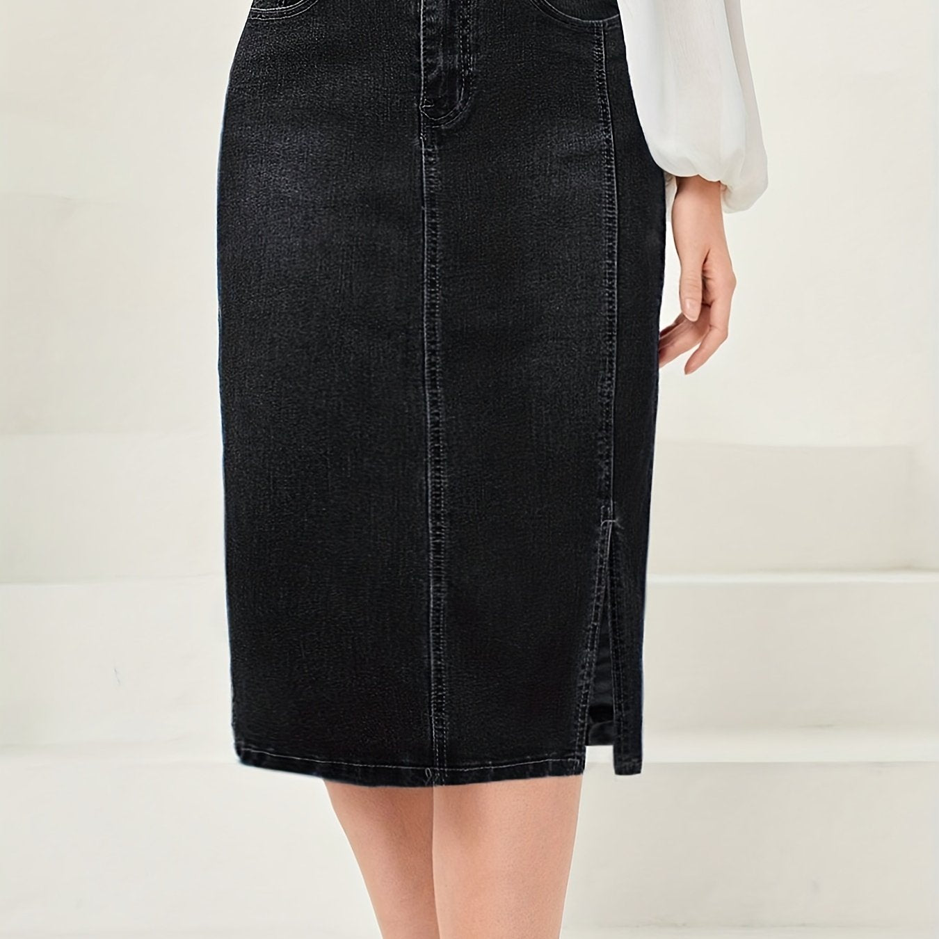 Side Split Vintage Washed Midi Denim Skirt, Zipper Button Closure Solid Color Slash Pocket Denim Skirt, Women's Denim Jeans & Clothing