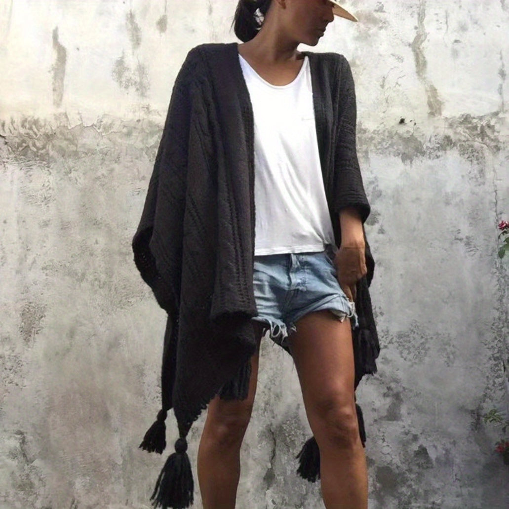 vlovelaw Ribbed Knitted Tassel Shawl Warm Windproof Wrap Poncho Boho Solid Color Cloak Trendy Sweater Cape Cardigan