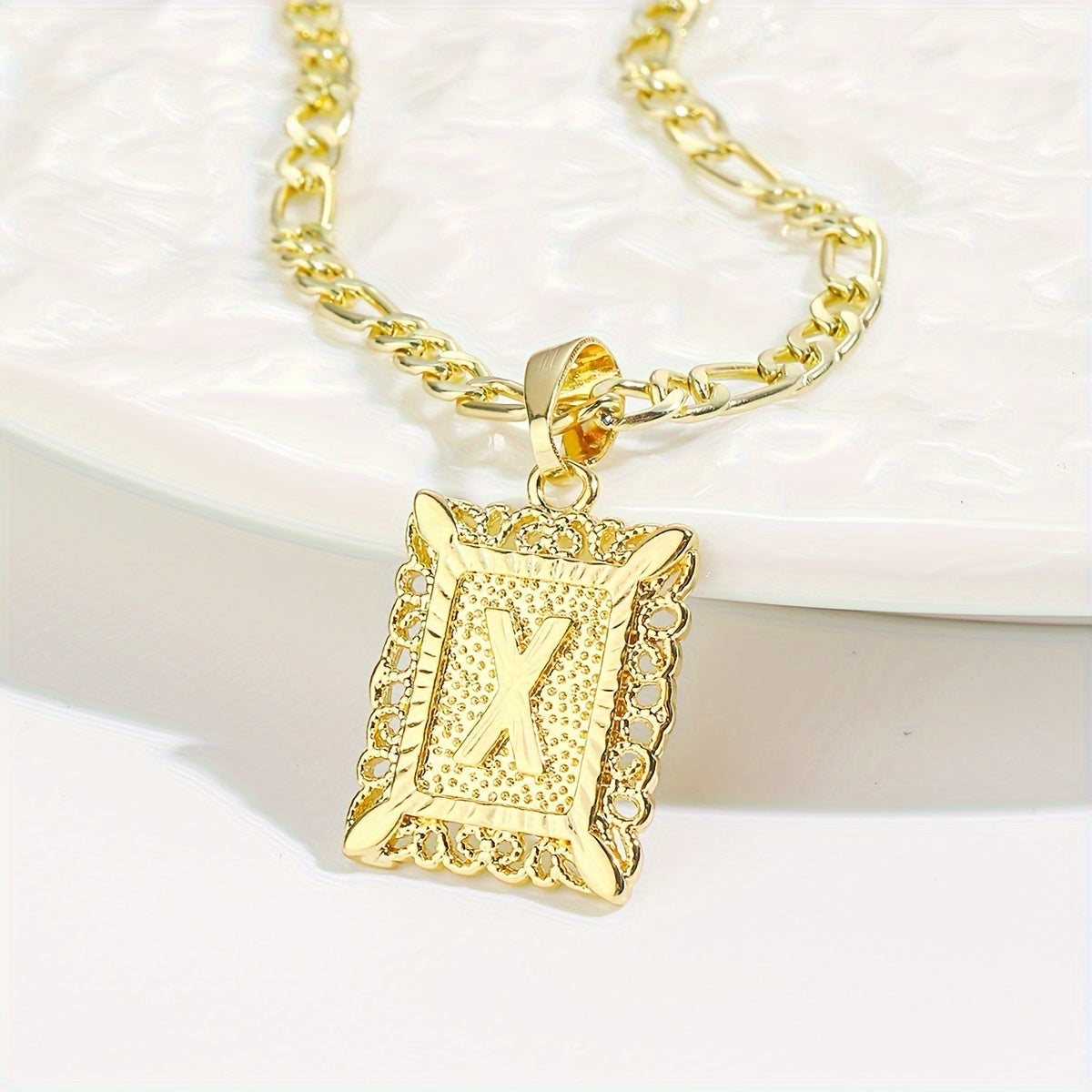 18K Gold Plated Square Monogram Pendant Necklace - Fashionable Personalized Alphabet Letter A-Z Figaro Chain Necklace for Men and Women - Copper Material, No Magnetic, No Mosaic, Plating-Free, Stylish Jewelry for Any Occasion