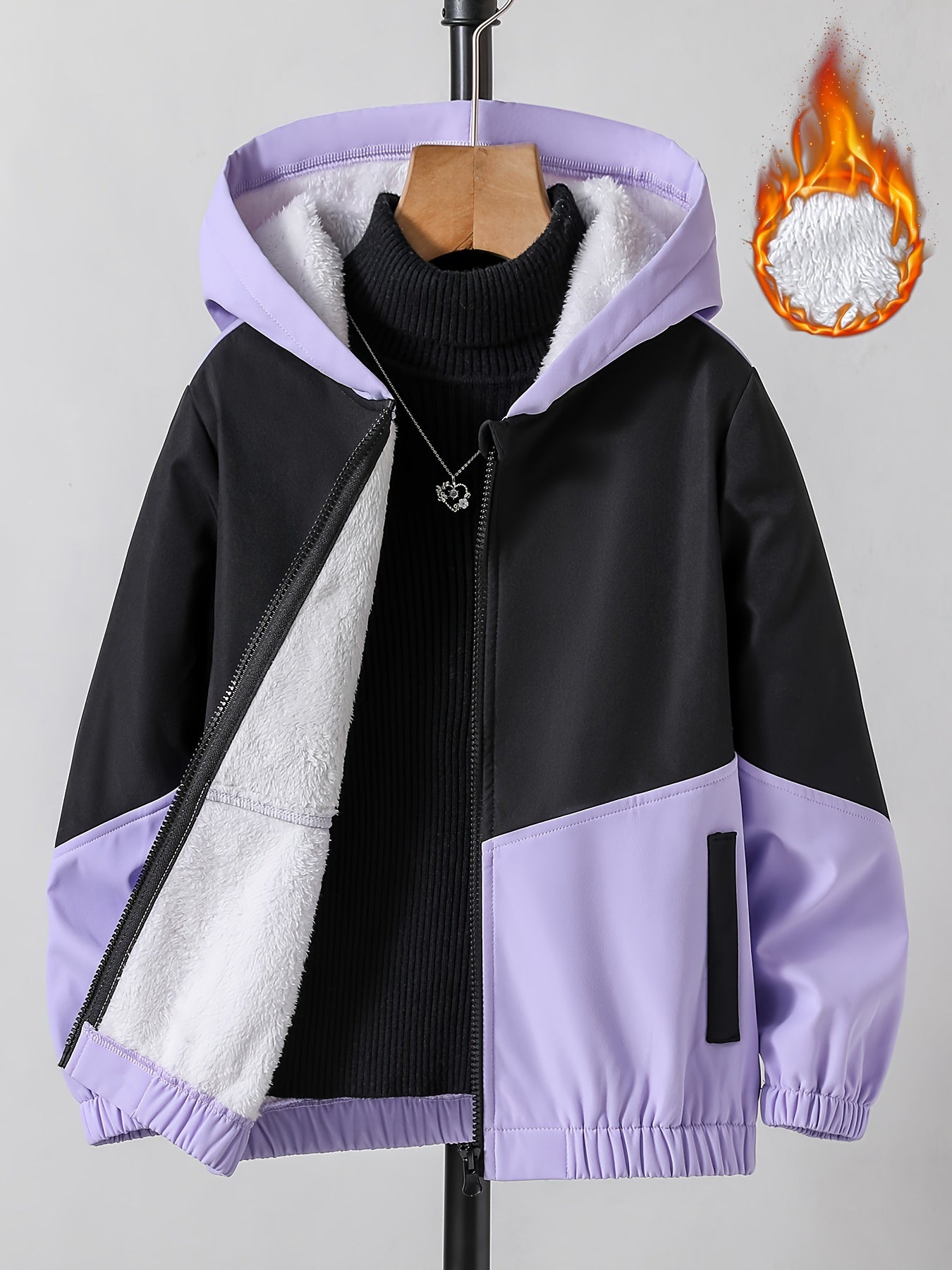 Girls Chevron Color Block Hooded Fleece Lined Windbreaker Jacket For Teen Kids Autumn And Winter