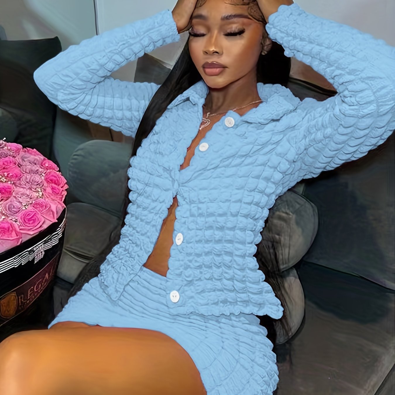 vlovelaw Popcorn Style Two-piece Skirt Set, Button Front Top & Textured Skirt Outfits, Women's Clothing