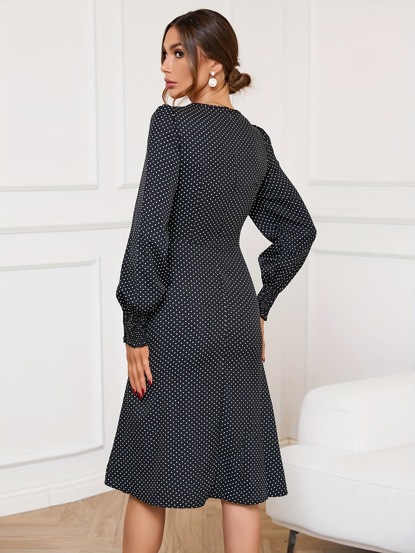 vlovelaw Polka Dots Print Sweetheart Neck Dress, Boho Long Sleeve Split Dress, Women's Clothing
