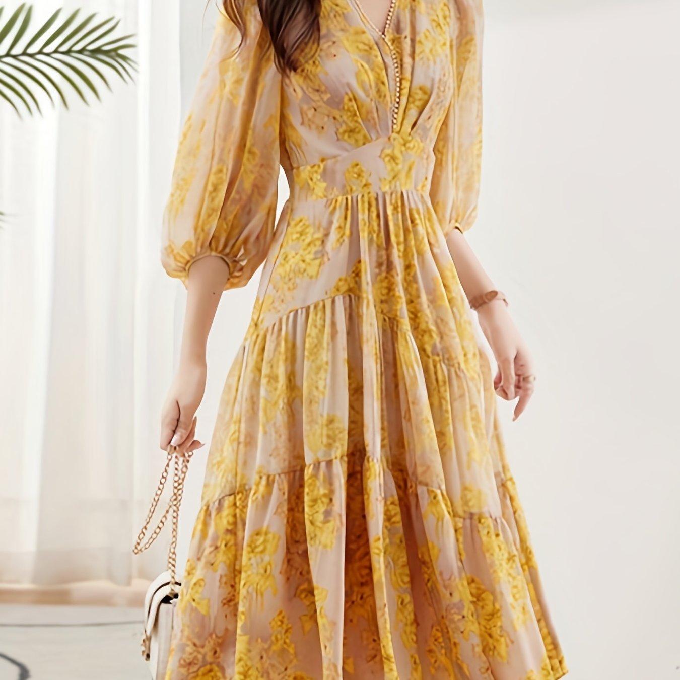 vlovelaw Mandala Print Lantern Sleeve Dress, Casual V Neck Cinched Waist Dress, Women's Clothing