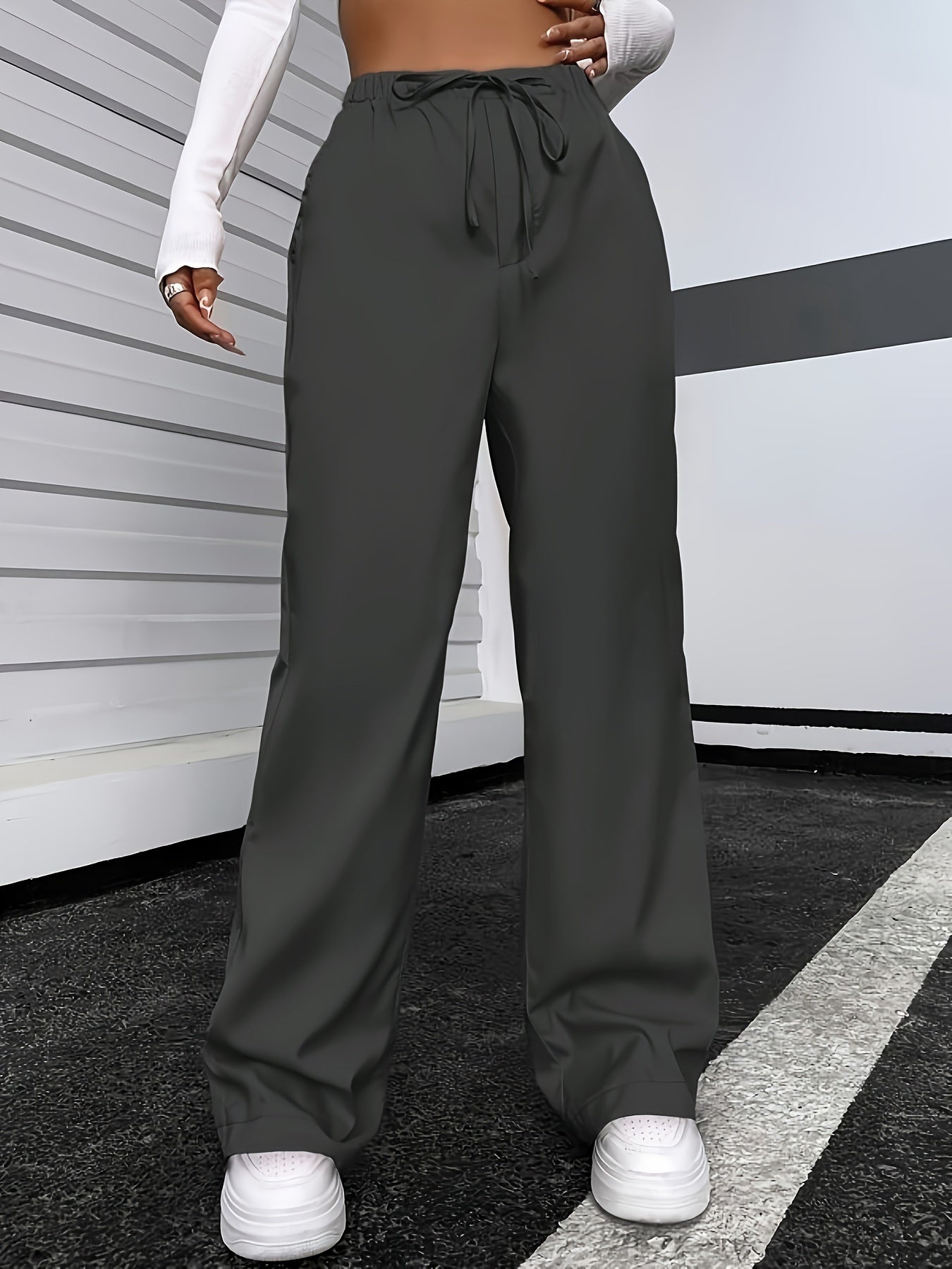 vlovelaw Drawstring Waist Straight Leg Pants, Casual Solid Pants For Spring & Fall, Women's Clothing