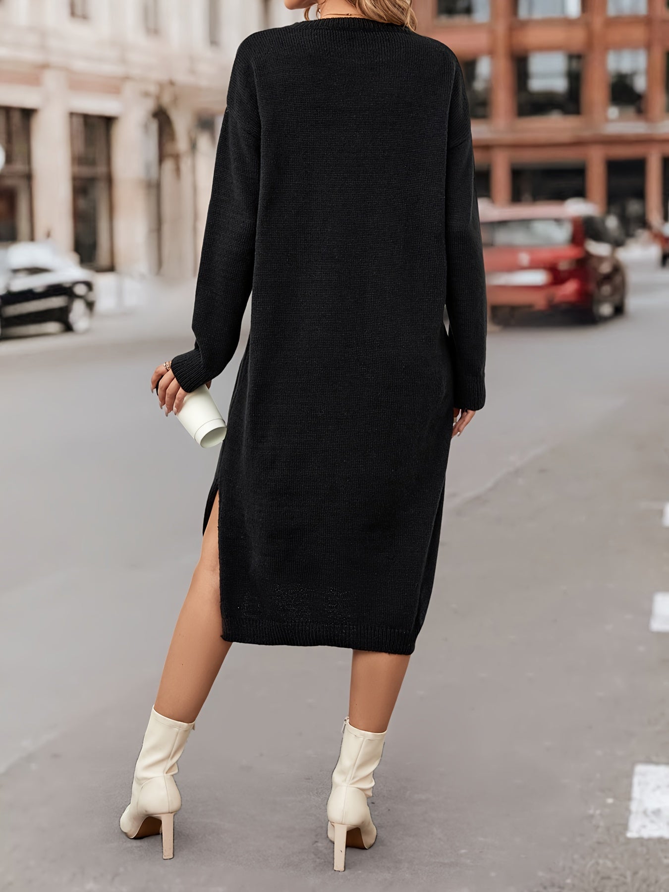Split Simple Dress, Casual Solid Long Sleeve Midi Dress, Women's Clothing
