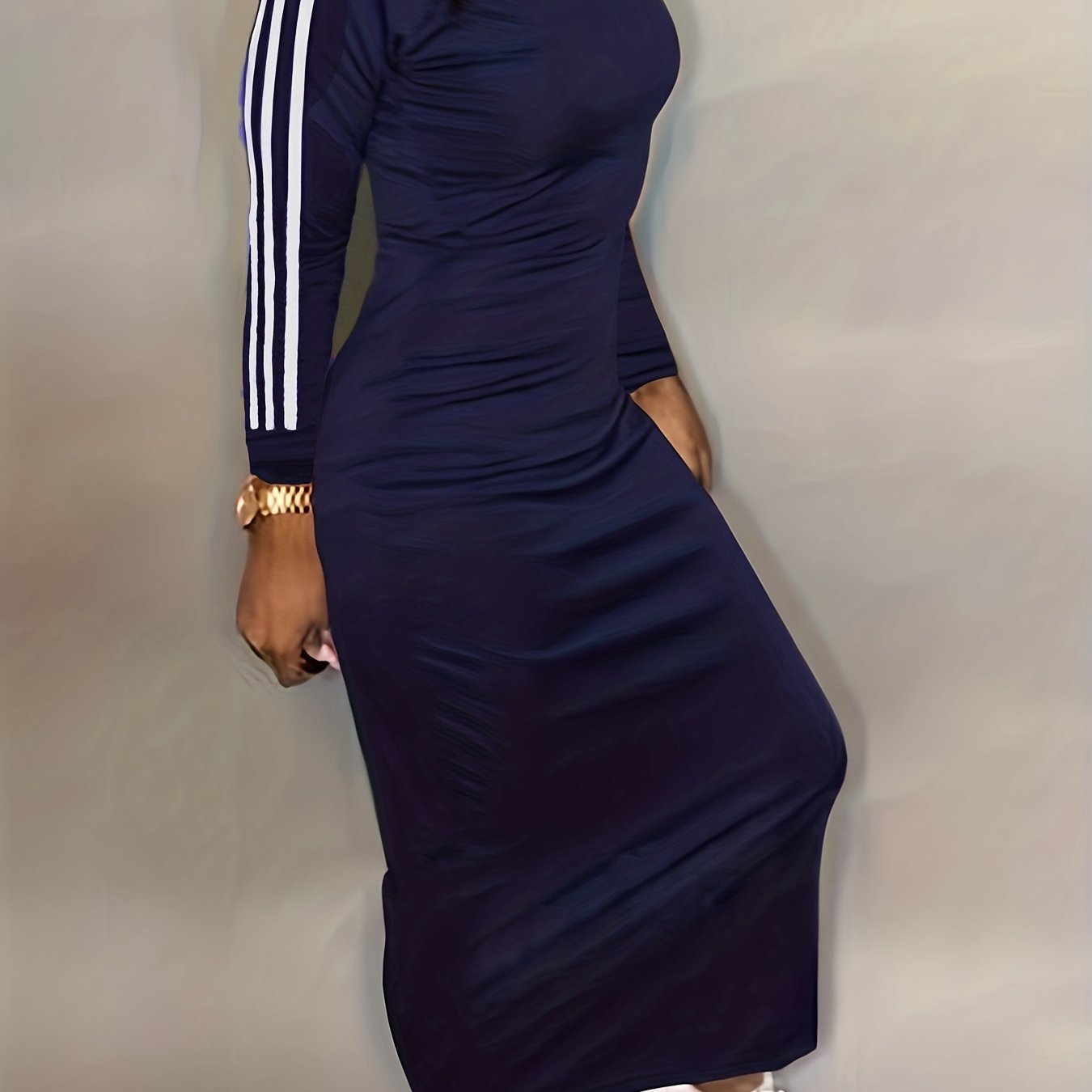 vlovelaw Striped Print Bodycon Dress, Casual Long Sleeve Maxi Dress, Women's Clothing