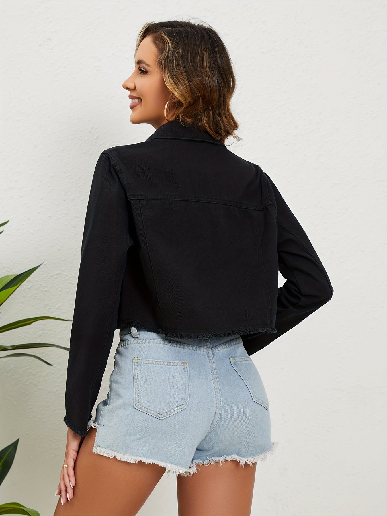 vlovelaw Blue Frayed Trim Denim Jackets, Long Sleeves Single-Breasted Button Lapel Denim Coats, Women's Denim Clothing