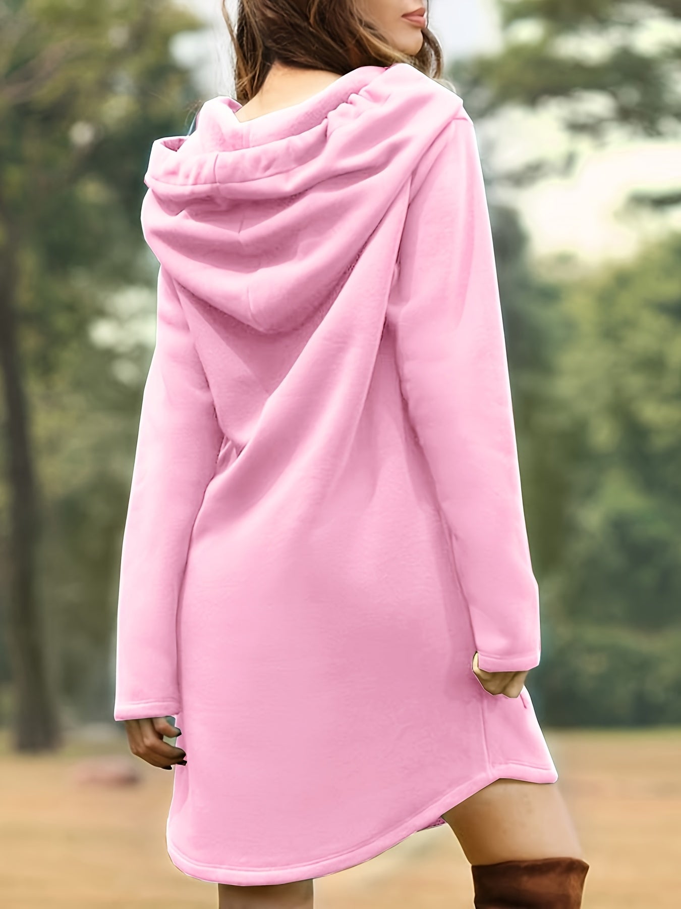 Solid Drawstring Pocket Hooded Dress, Casual Long Sleeve Dress For Spring & Fall, Women's Clothing