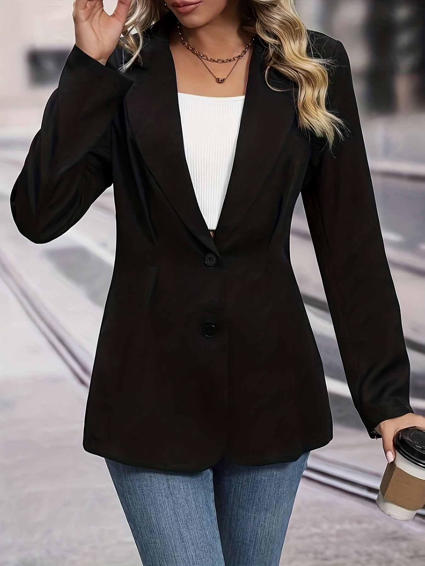 Single Breasted Lapel Blazer, Elegant Solid Long Sleeve Work Office Outerwear, Women's Clothing