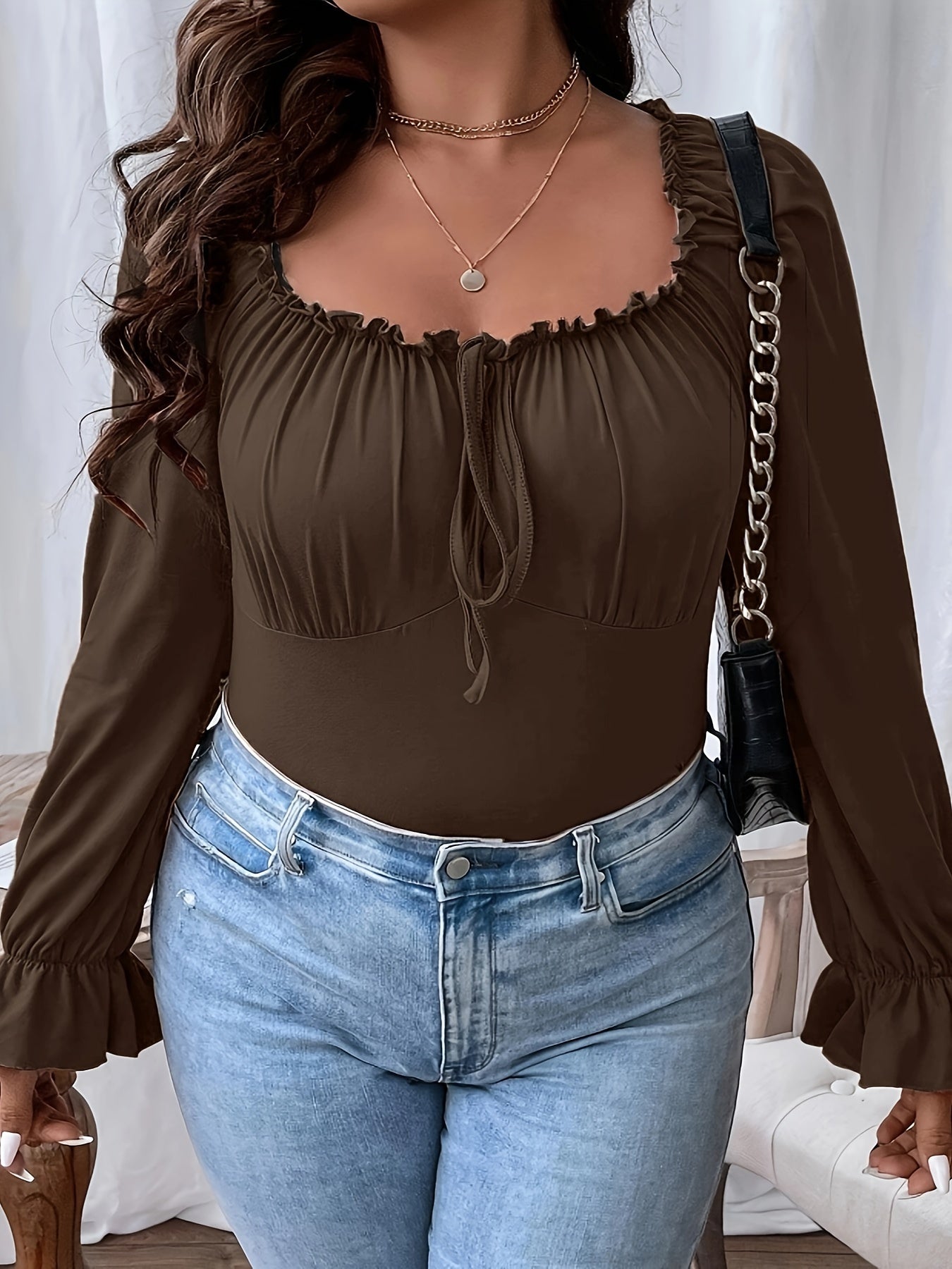 vlovelaw Plus Size Casual Top, Women's Plus Solid Lettuce Trim Flounce Sleeve Tie Front Square Neck Slim Fit Top