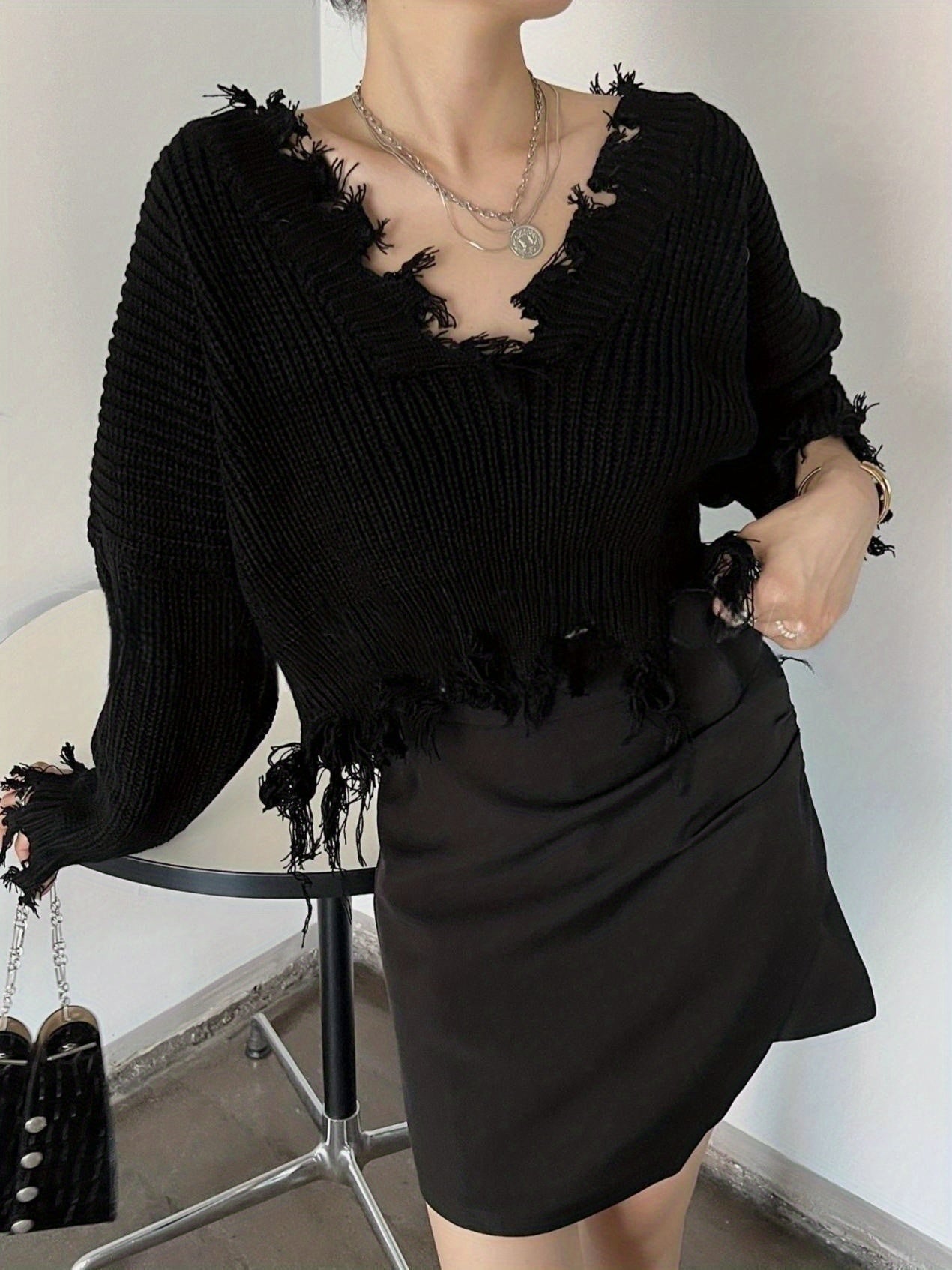 vlovelaw Vintage V Neck Ripped Knit Sweater, Elegant Long Sleeve Raw Hem Loose Sweater, Women's Clothing