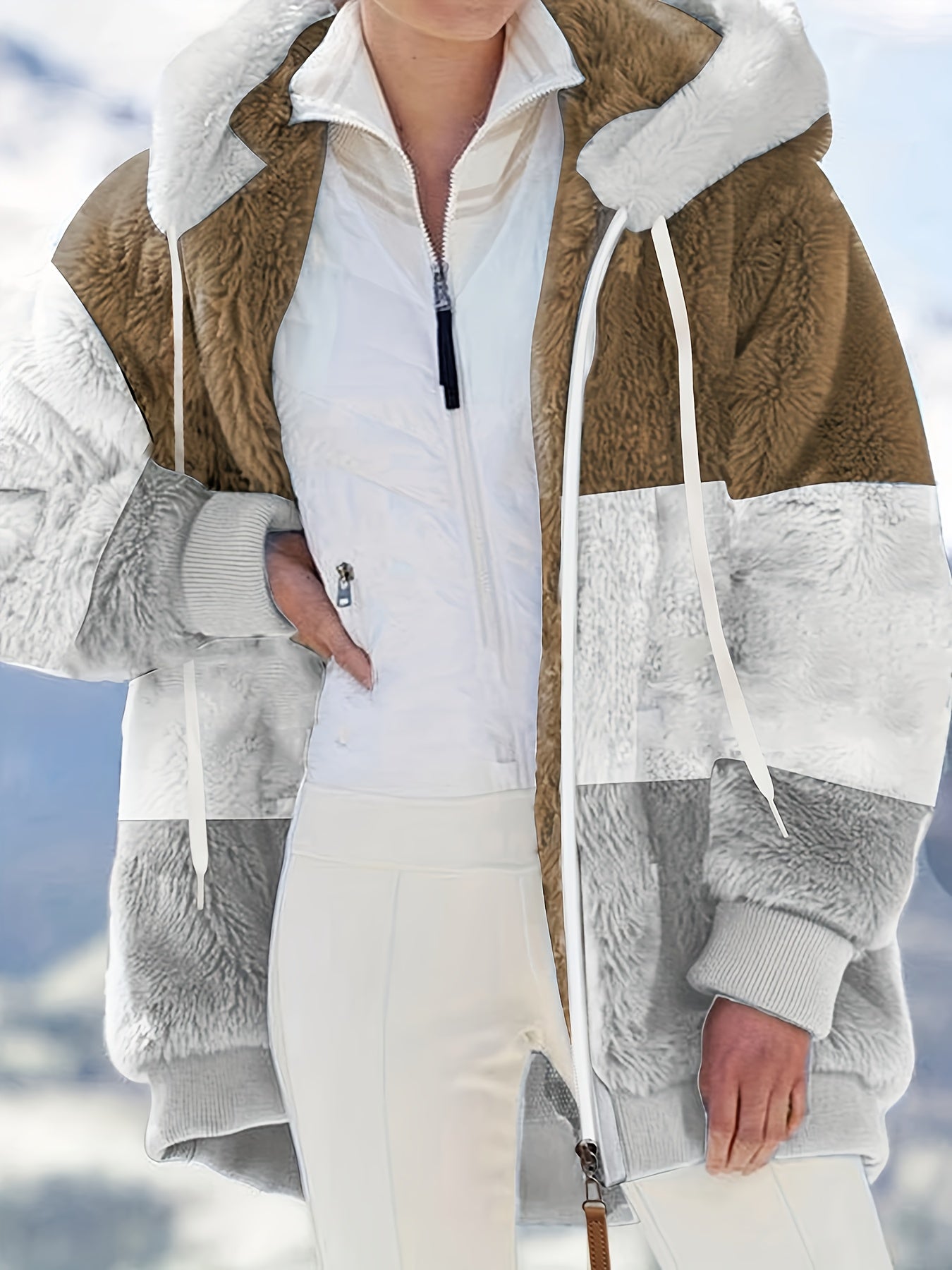 vlovelaw Plus Size Colorblock Fuzzy Hoodie Drawstring Zip Up Coat, Women's Plus Pocket Casual Overcoat