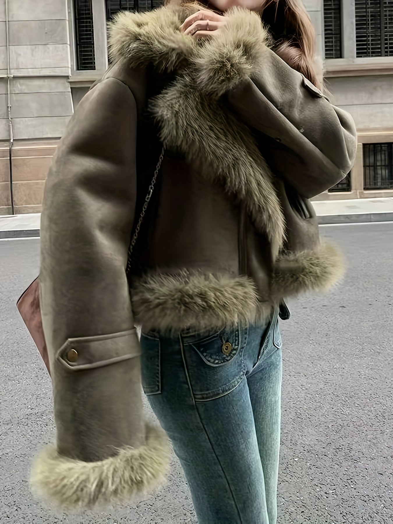 vlovelaw Faux Fur Trim Zip Up Jacket, Elegant Long Sleeve Warm Outerwear For Fall & Winter, Women's Clothing