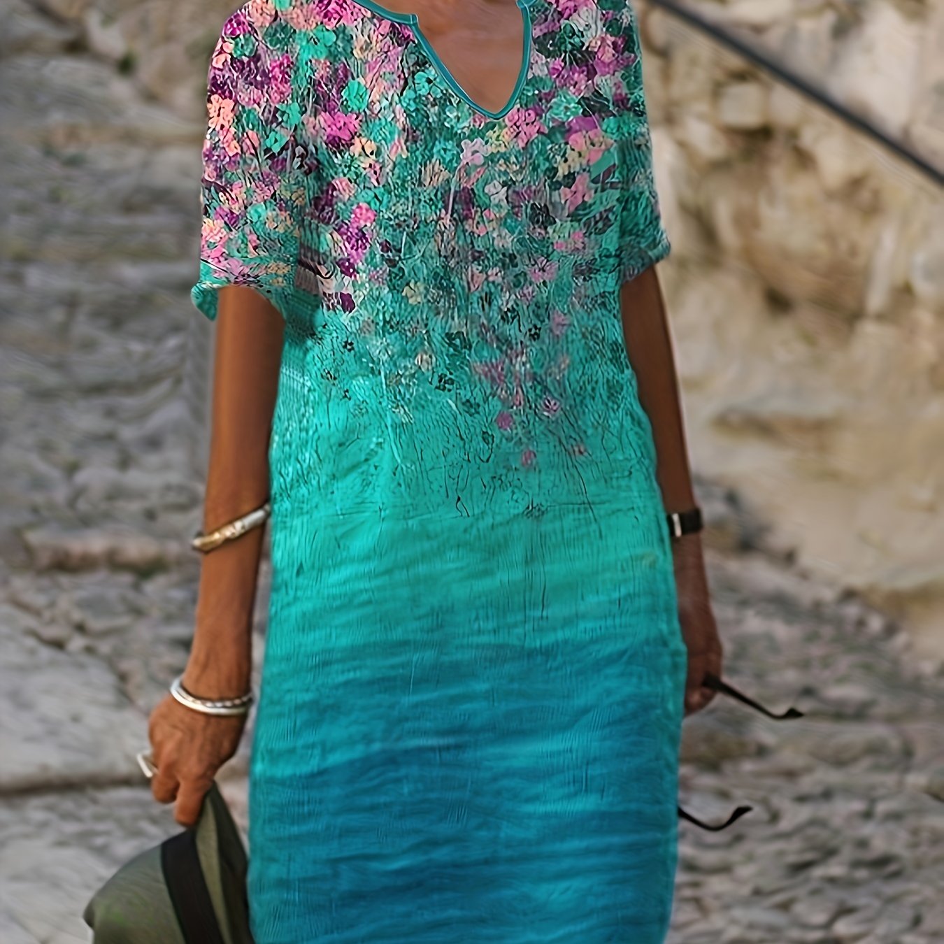 vlovelaw Oil Painting Floral Print Dress, Casual V-Neck Short Sleeve Dress, Women's Clothing