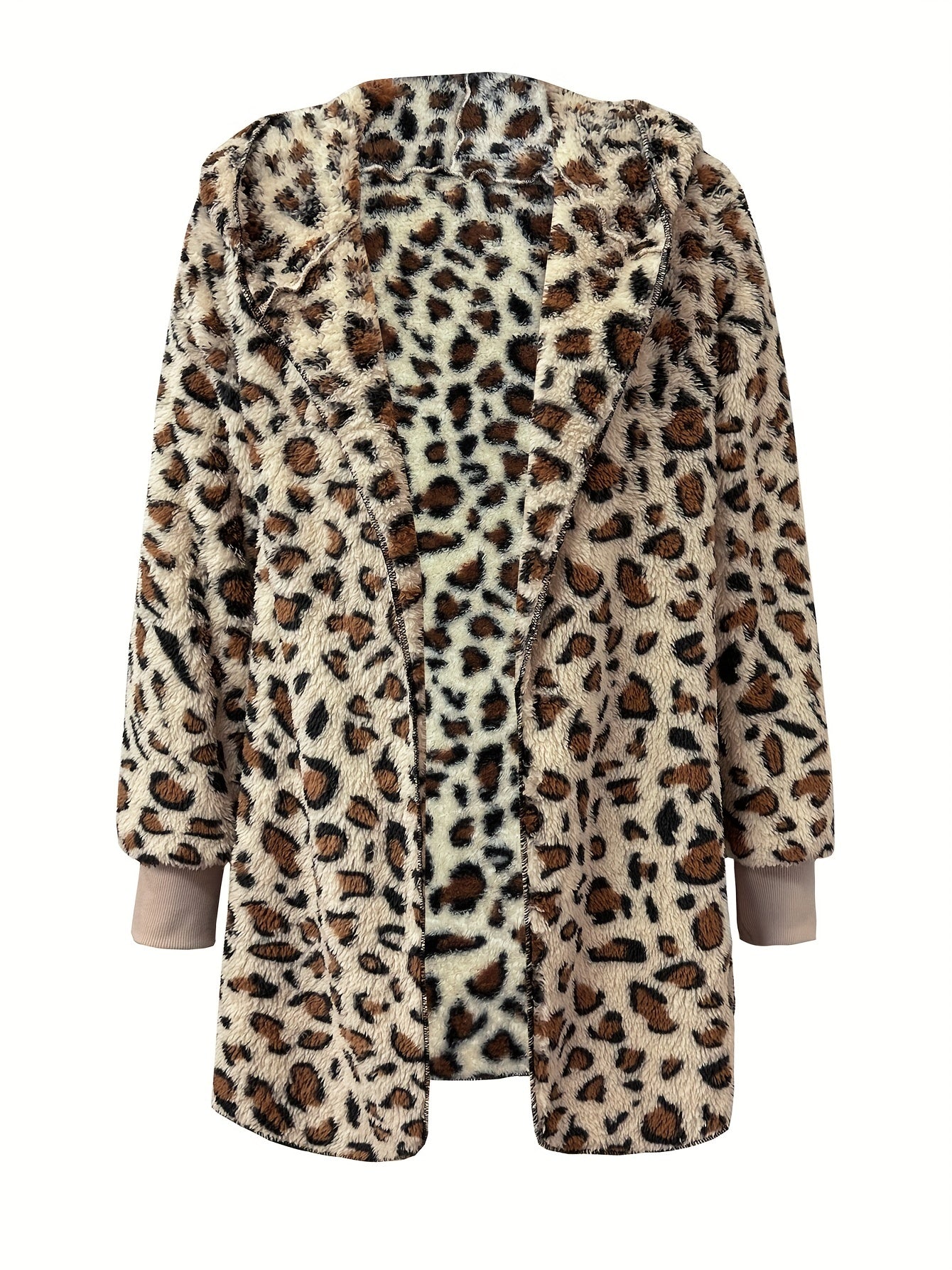 Leopard Pattern Hooded Jacket, Casual Open Front Long Sleeve Warm Outerwear, Women's Clothing