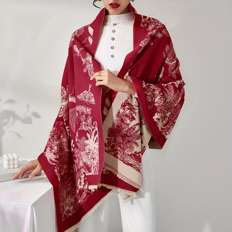 vlovelaw Vintage Plant Flower Jacquard Scarf Imitation Cashmere Elegant Soft Warm Cozy Fringe Shawl Autumn Winter Coldproof Windproof Blanket Scarf