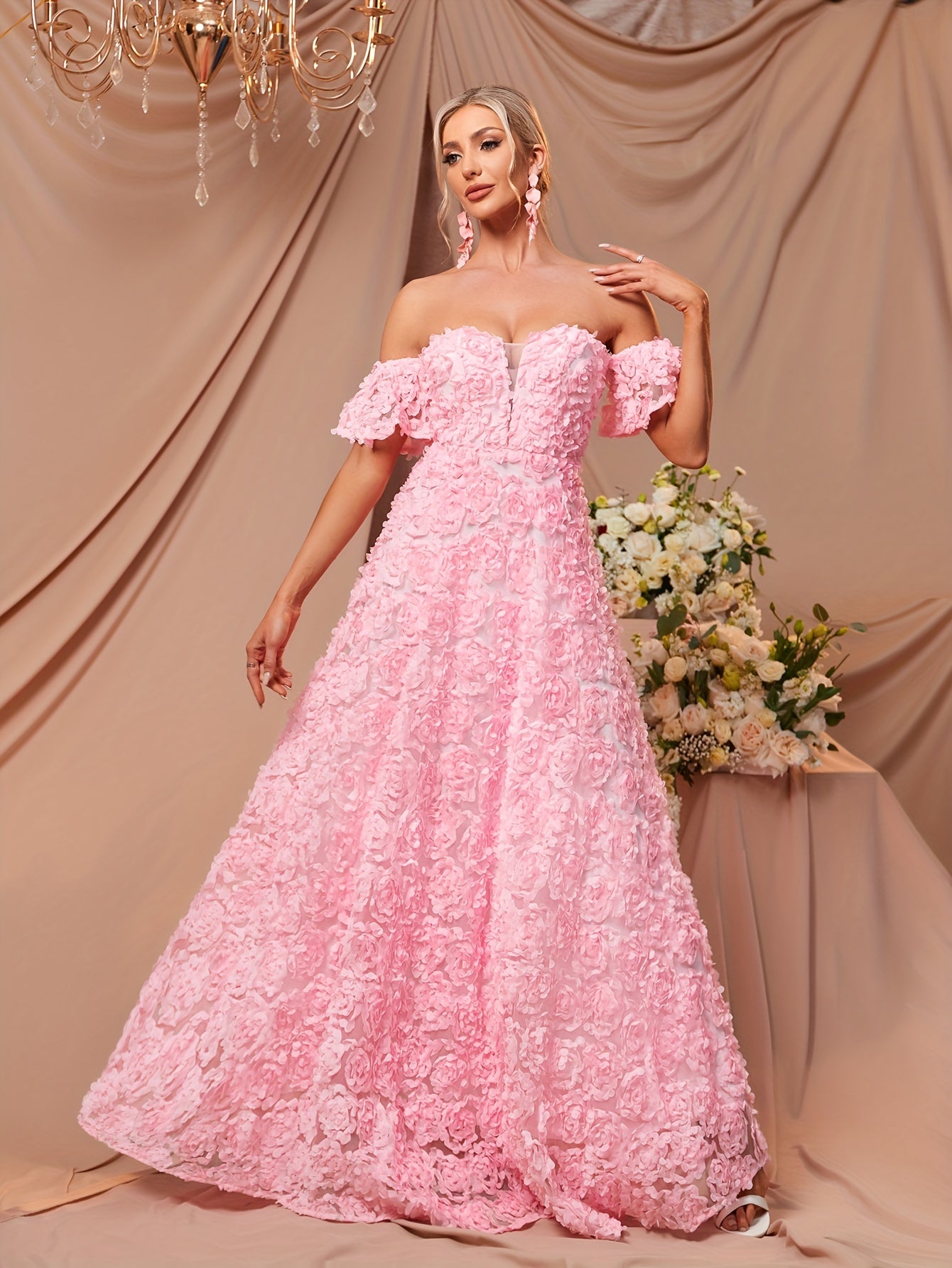 vlovelaw Sweetheart Neck Floral Dress, Puff Sleeve Off-shoulder Floor Length A-line Dress, Women's Clothing