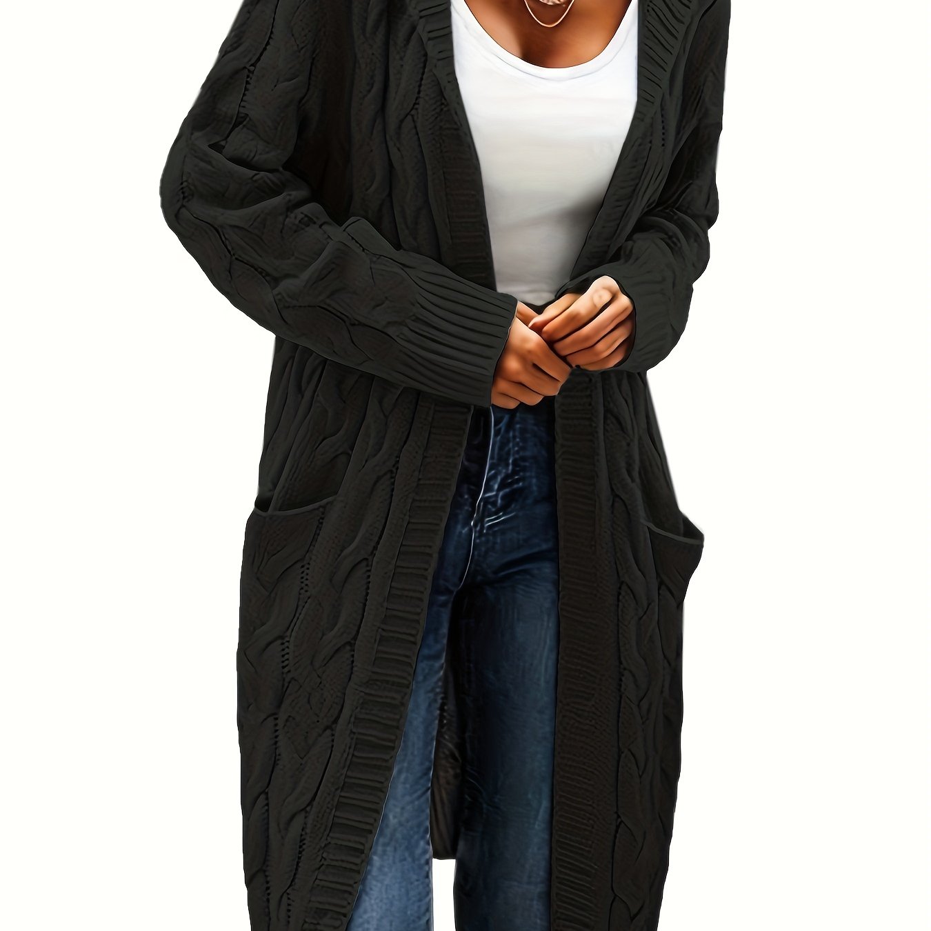 vlovelaw Solid Twisted Knitted Hooded Cardigans, Casual Long Sleeve Cardigan For Fall & Winter, Women's Clothing