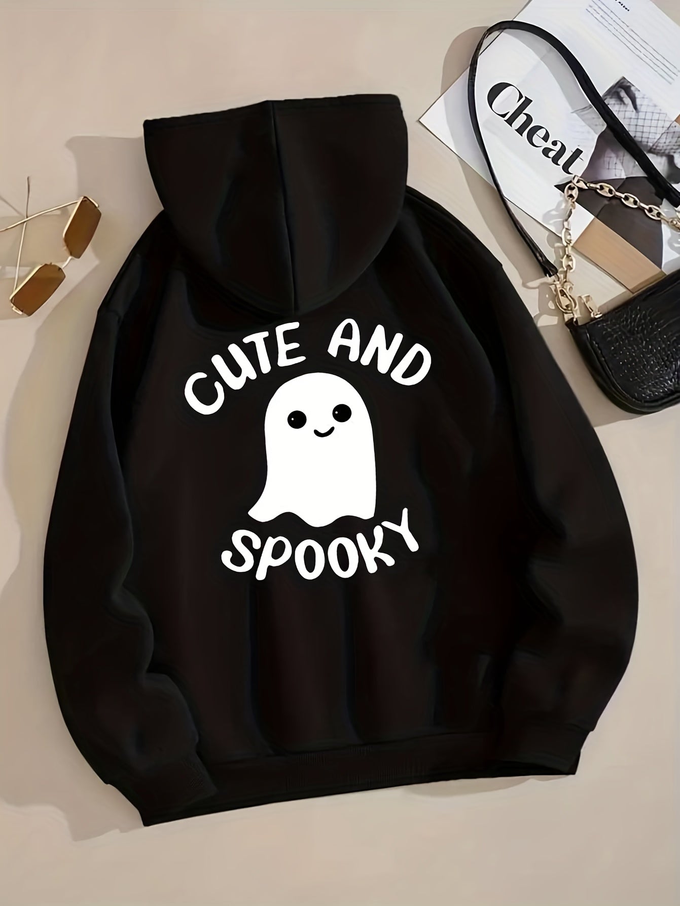 Cute Ghost Graphic Long Sleeve Fleece Hooded Sweatshirts For Halloween, Drawstring Sports Hoodie With Front Pocket, Women's Sporty Sweatshirts