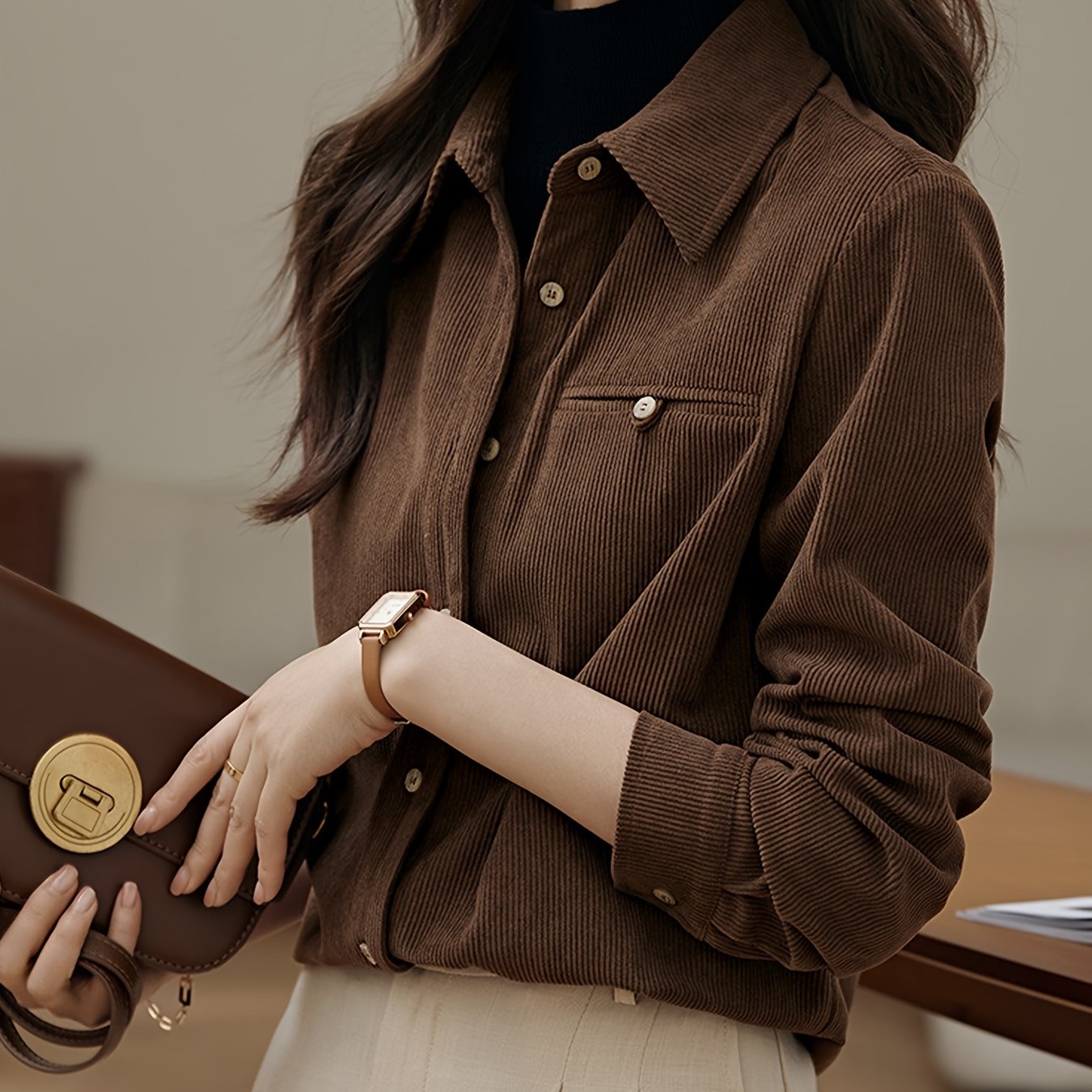 Ribbed Polo Collar Button Shirt, Elegant Long Sleeve Shirt For Spring & Fall, Women's Clothing