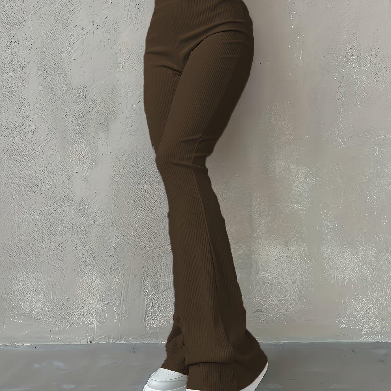 Solid Ribbed Flare Leg Pants, High Waist Slim Elastic Pants, Women's Clothing