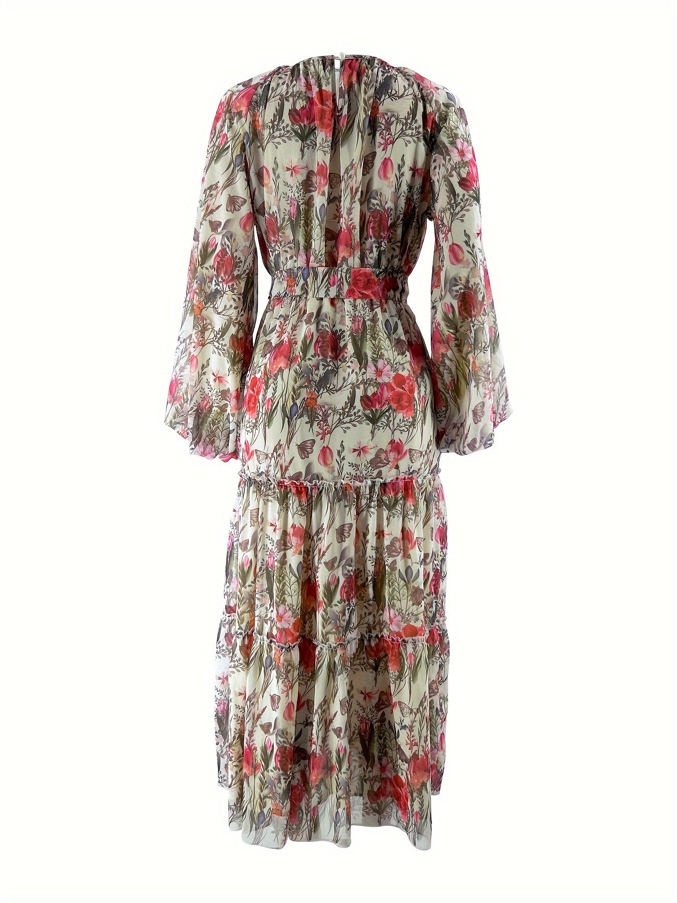 vlovelaw Floral Print Crew Neck Dress, Casual Lantern Sleeve Belted Dress, Women's Clothing