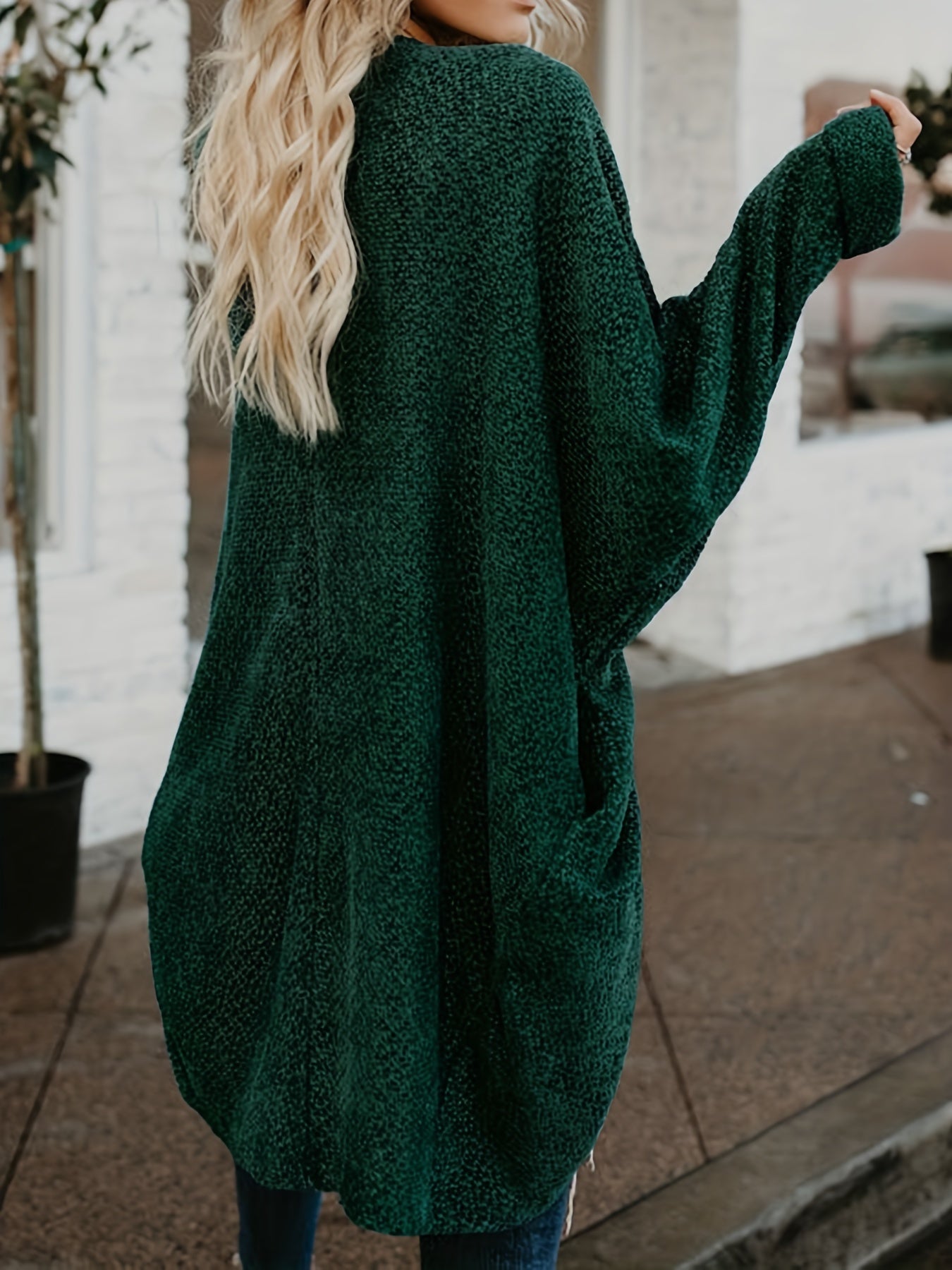 Solid Open Front Knit Cardigan, Casual Batwing Sleeve Mid Length Sweater, Women's Clothing