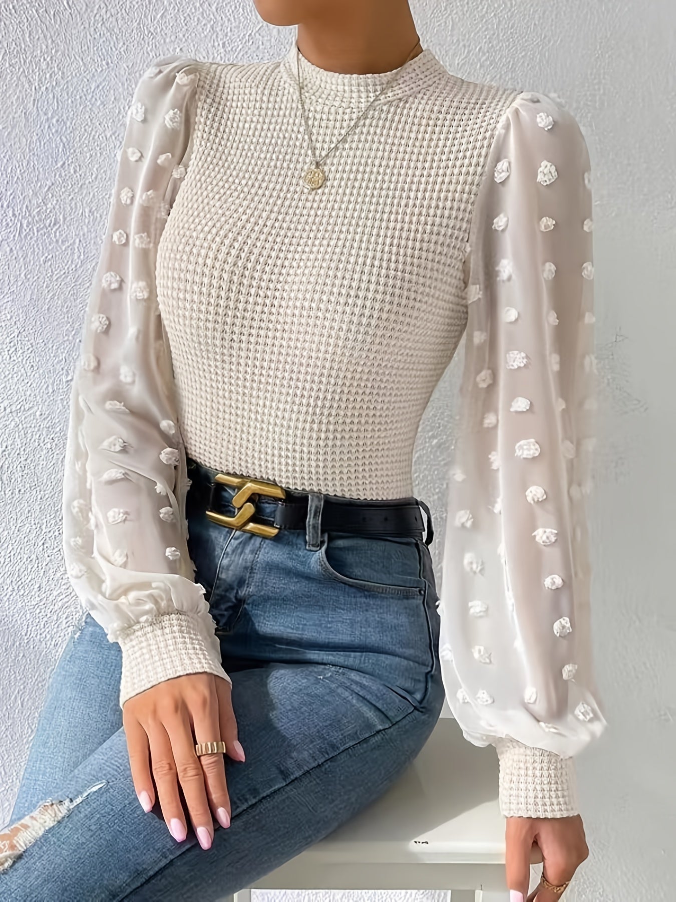 vlovelaw Textured Lantern Sleeve Top, Elegant Mock Neck Top For Spring & Fall, Women's Clothing