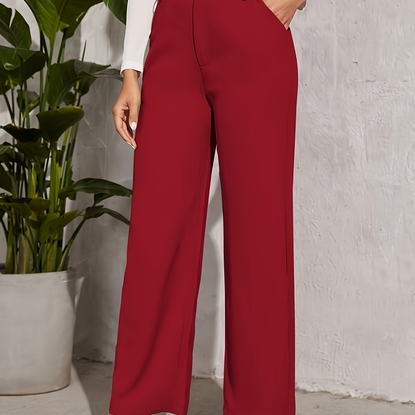 vlovelaw Solid High Waist Trousers, Straight Leg Dual Pockets Pants For Work & Office, Women's Clothing