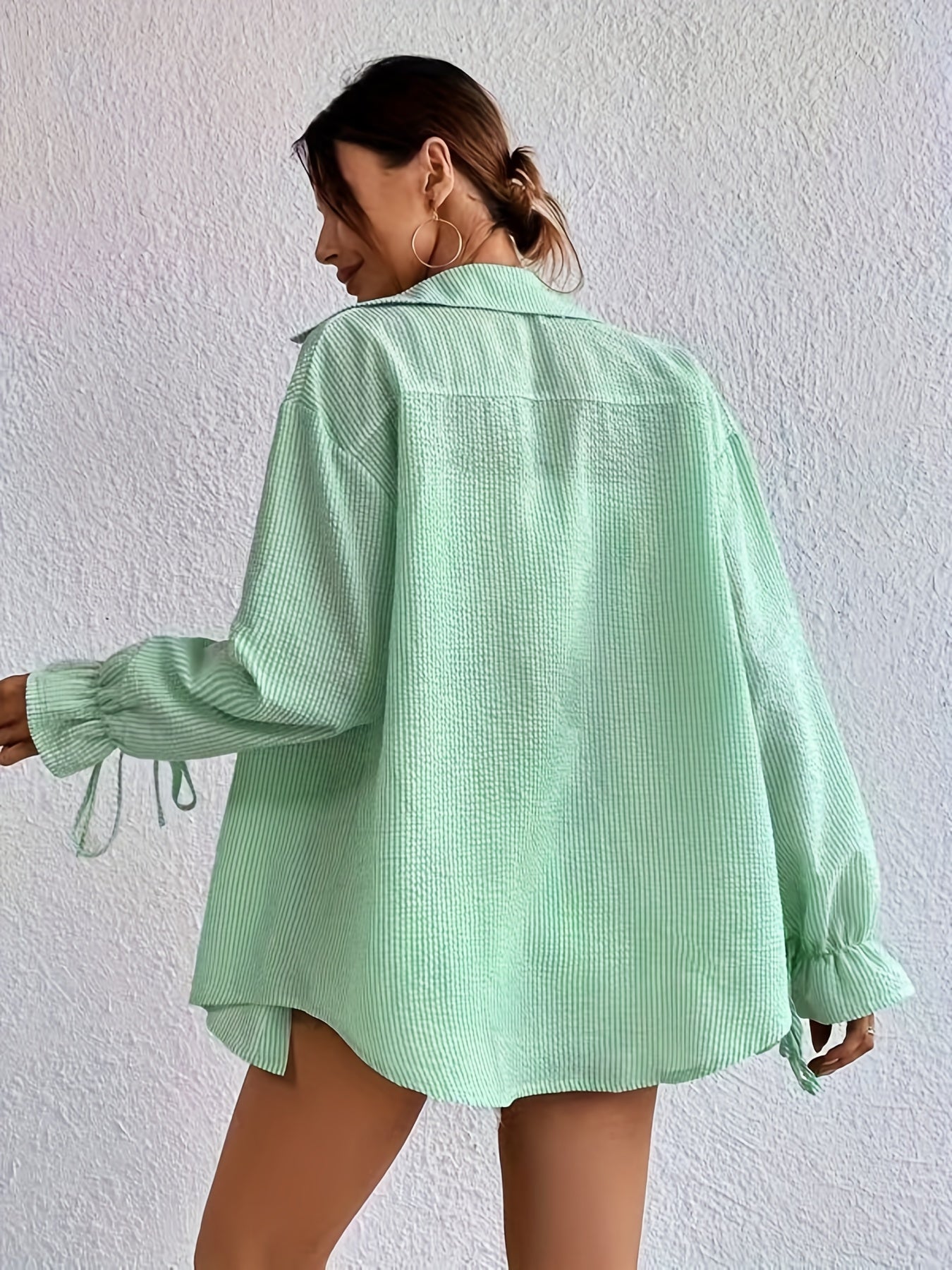 Stripe Print Polo Neck Blouse, Casual Tied Cuff Long Sleeve Blouse For Spring & Fall, Women's Clothing