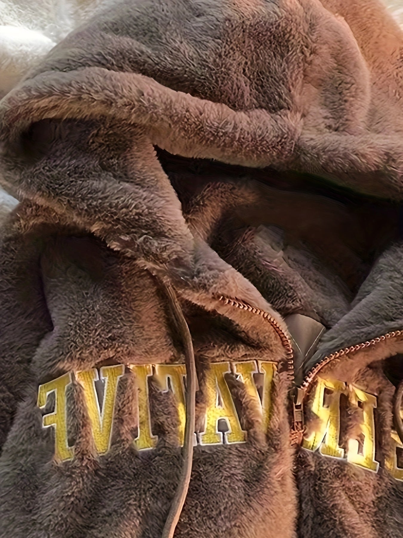 Embroidered Fuzzy Hooded Coat, Casual Drawstring Zip Up Outerwear, Women's Clothing