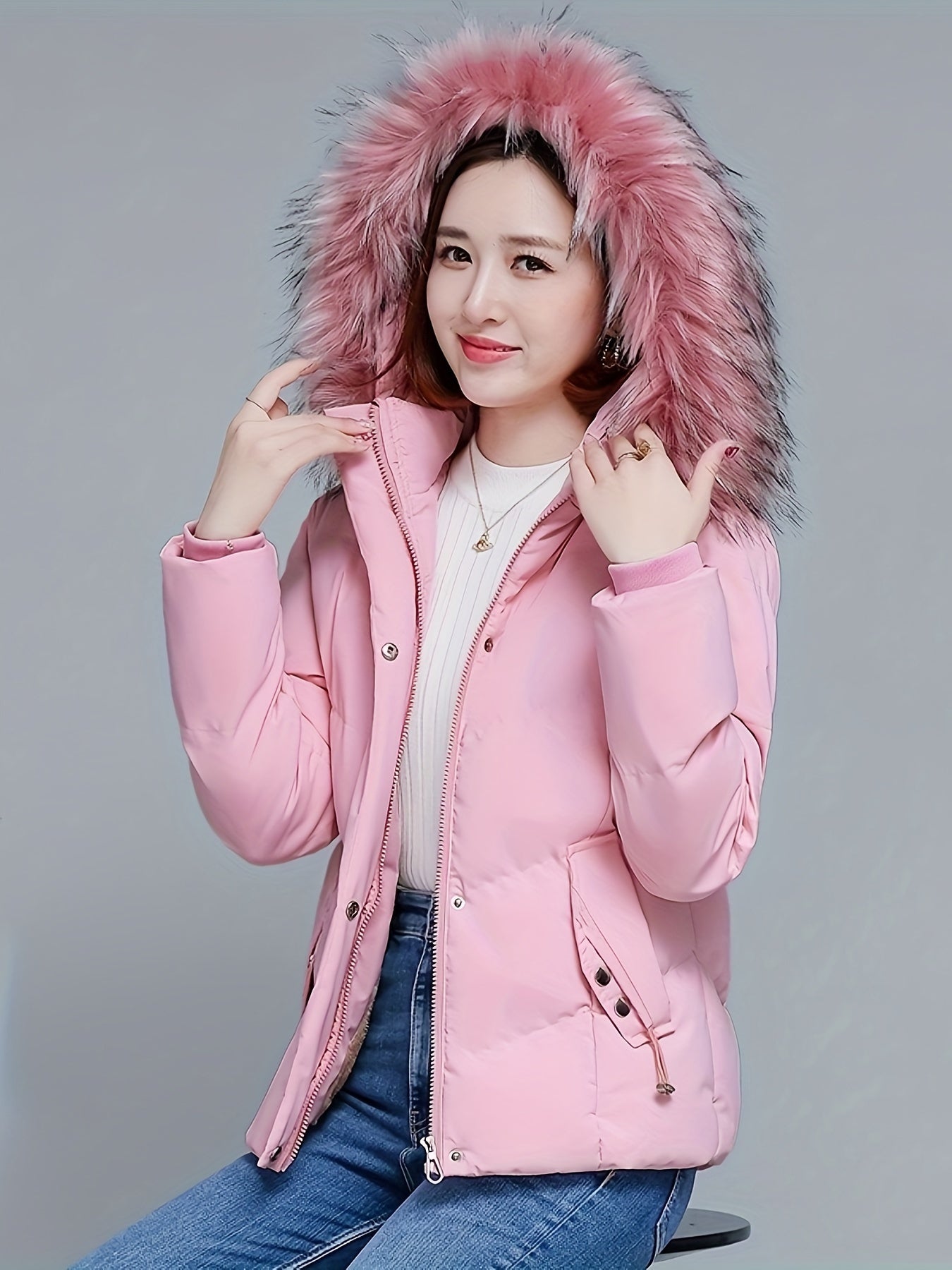 Elegant Women's Winter Coat with Faux Fur Collar - Warm, Thickened Polyester, Zip-Up, Long Sleeve - Chic Solid Color