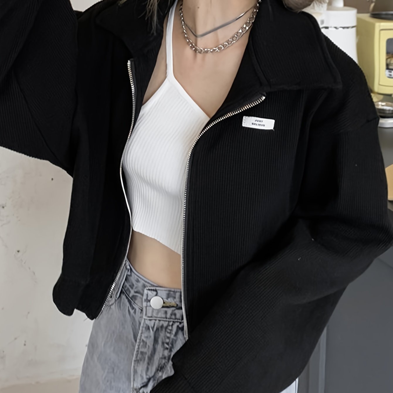 vlovelaw  Label Patched Zipper Jacket, Casual Long Sleeve Outwear For Spring & Fall, Women's Clothing