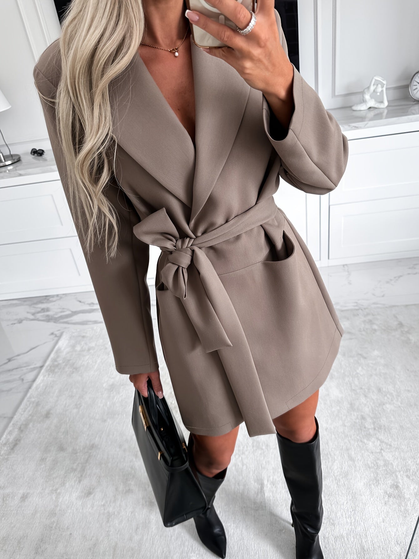 Belted Lapel Wrap Coat, Solid Elegant Casual Coat For Fall & Spring, Women's Clothing