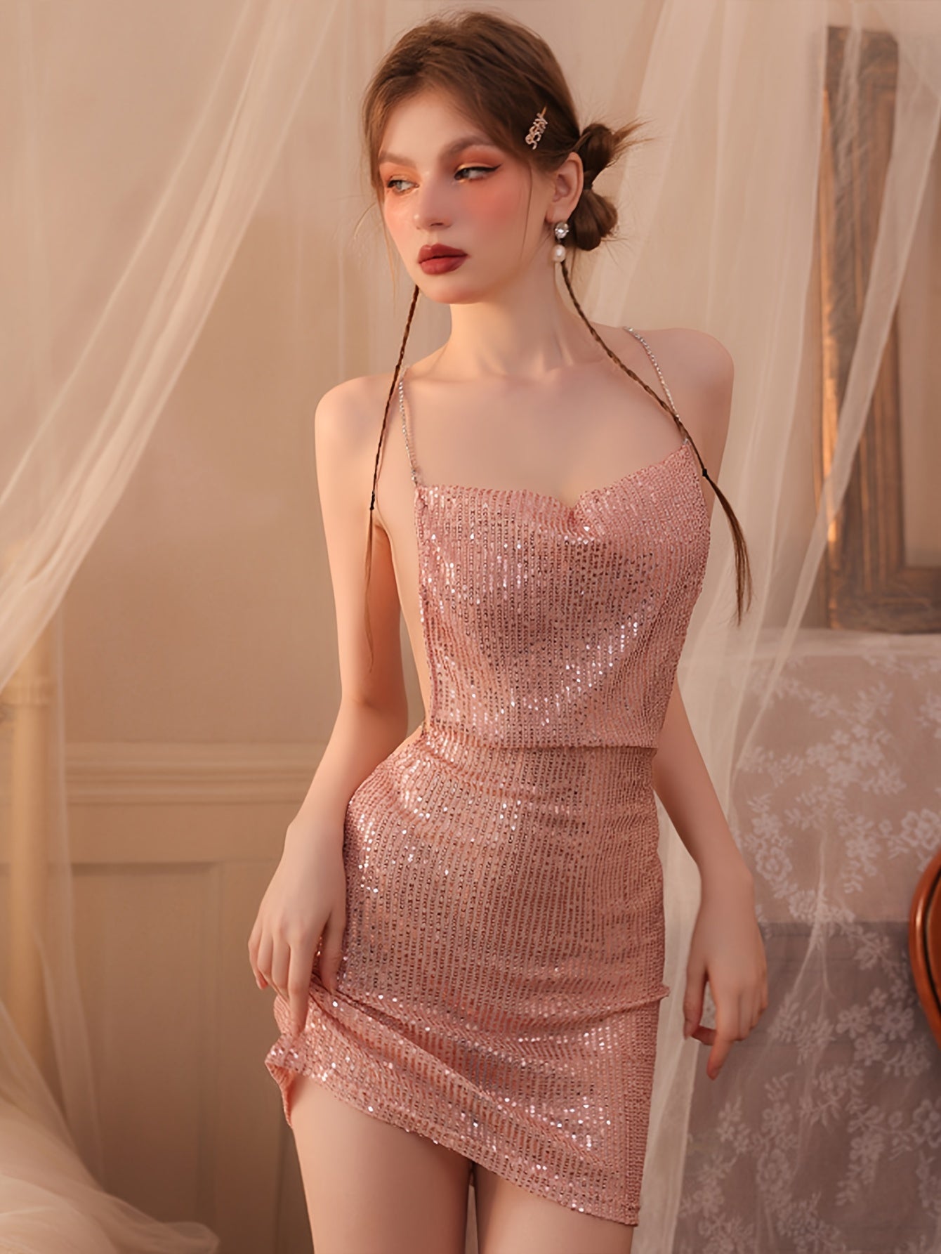 vlovelaw Solid Sequin Lingerie Set, Cowl Neck Criss Cross Backless Dress & Thong, Women's Sexy Lingerie & Underwear