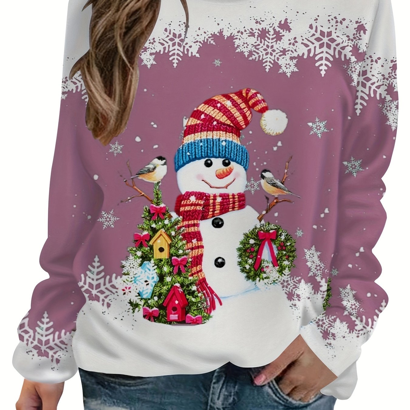 vlovelaw Christmas Snowman Printed Warm Sports Sweatshirts, Long-sleeved Round Neck Casual Sports Pullover Tops For Winter And Autumn, Women's Sporty Sweatshirts