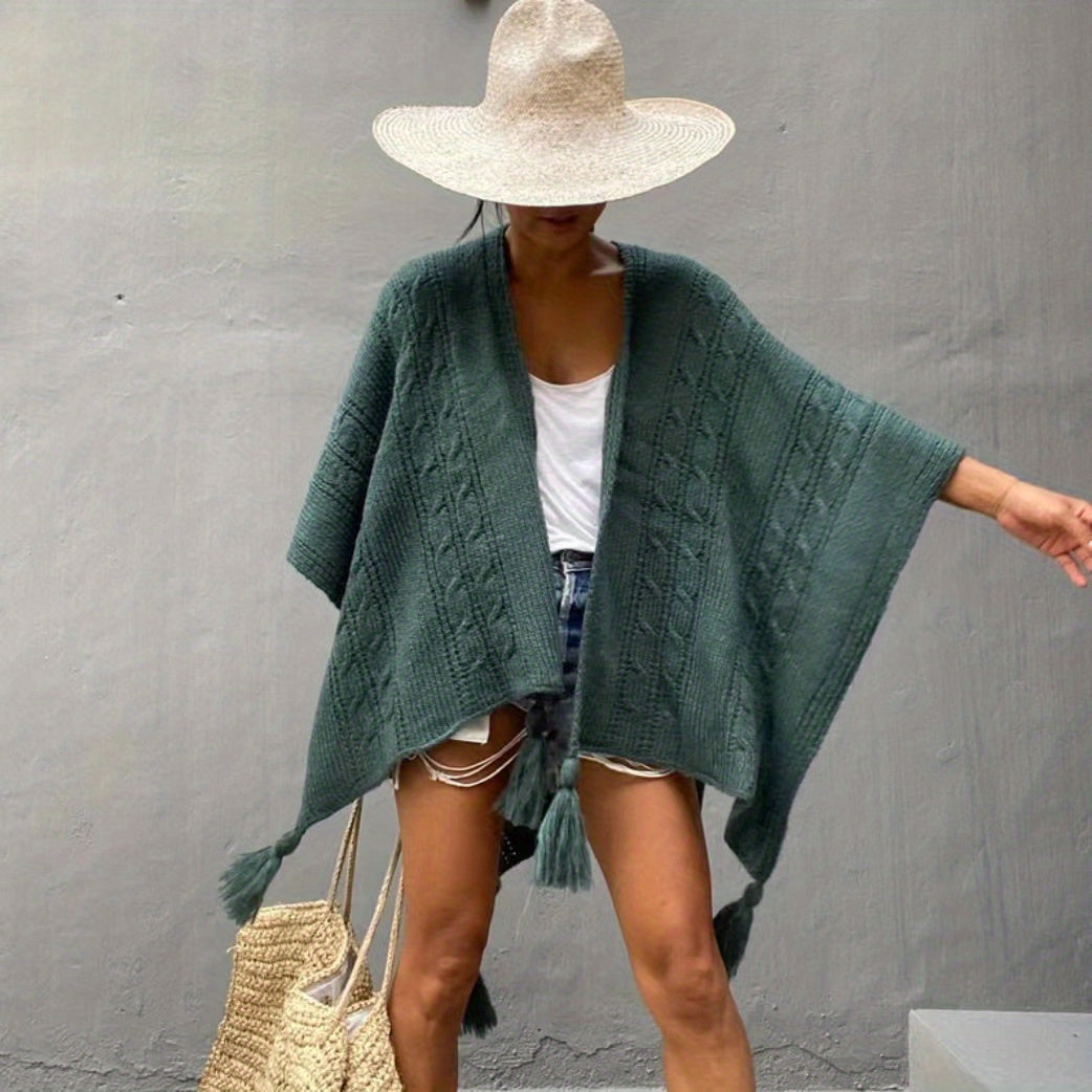 vlovelaw Ribbed Knitted Tassel Shawl Warm Windproof Wrap Poncho Boho Solid Color Cloak Trendy Sweater Cape Cardigan