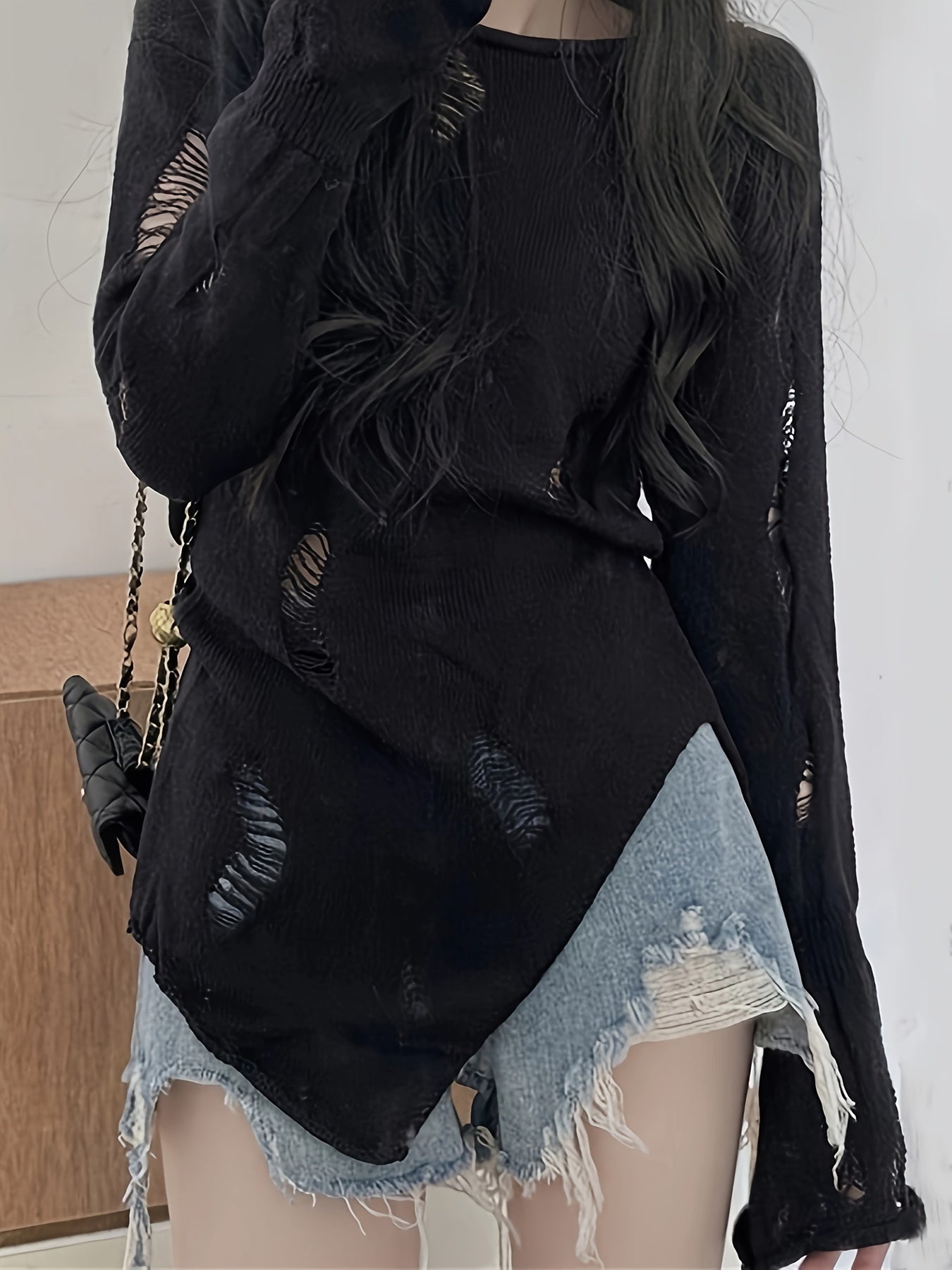 vlovelaw Y2K Solid Boat Neck Ripped Sweater, Asymmetrical Hem Long Sleeve Sweater For Spring & Fall, Women's Clothing