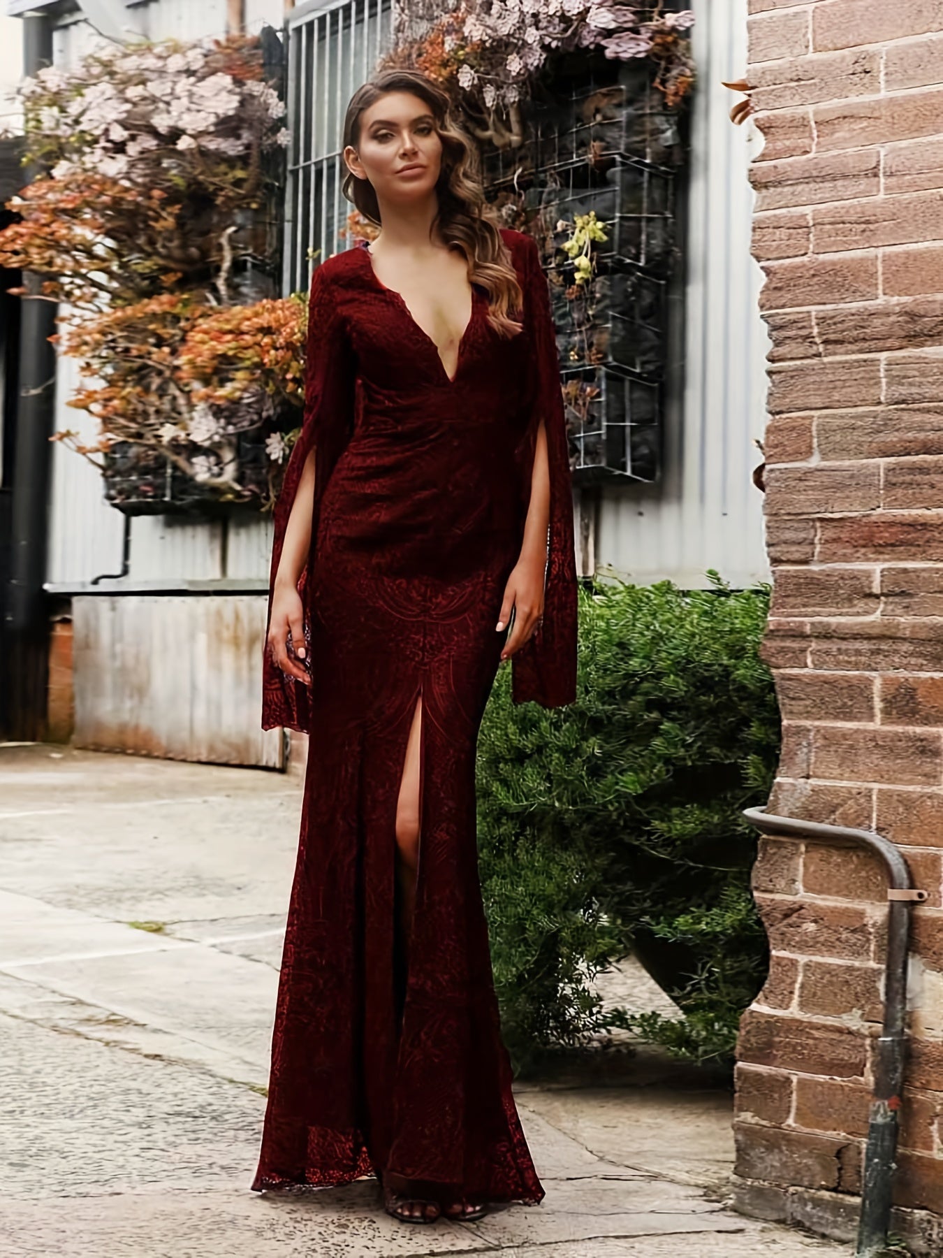 vlovelaw Guipure Lace V Neck Cocktail Dress, Elegant Cape Sleeve Split Slim Fit Evening Dress For Party & Banquet, Women's Clothing
