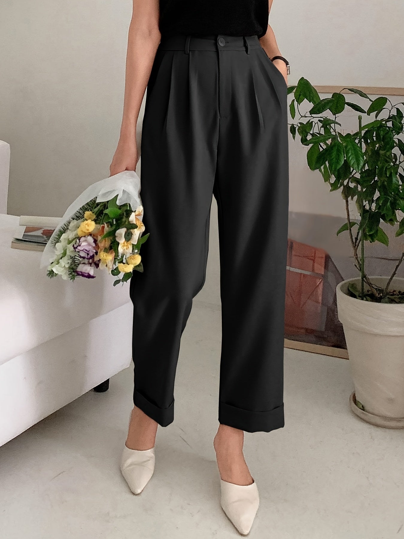 Solid Button Straight Leg Pants, Casual High Waist Draped Pleated Pants, Women's Clothing